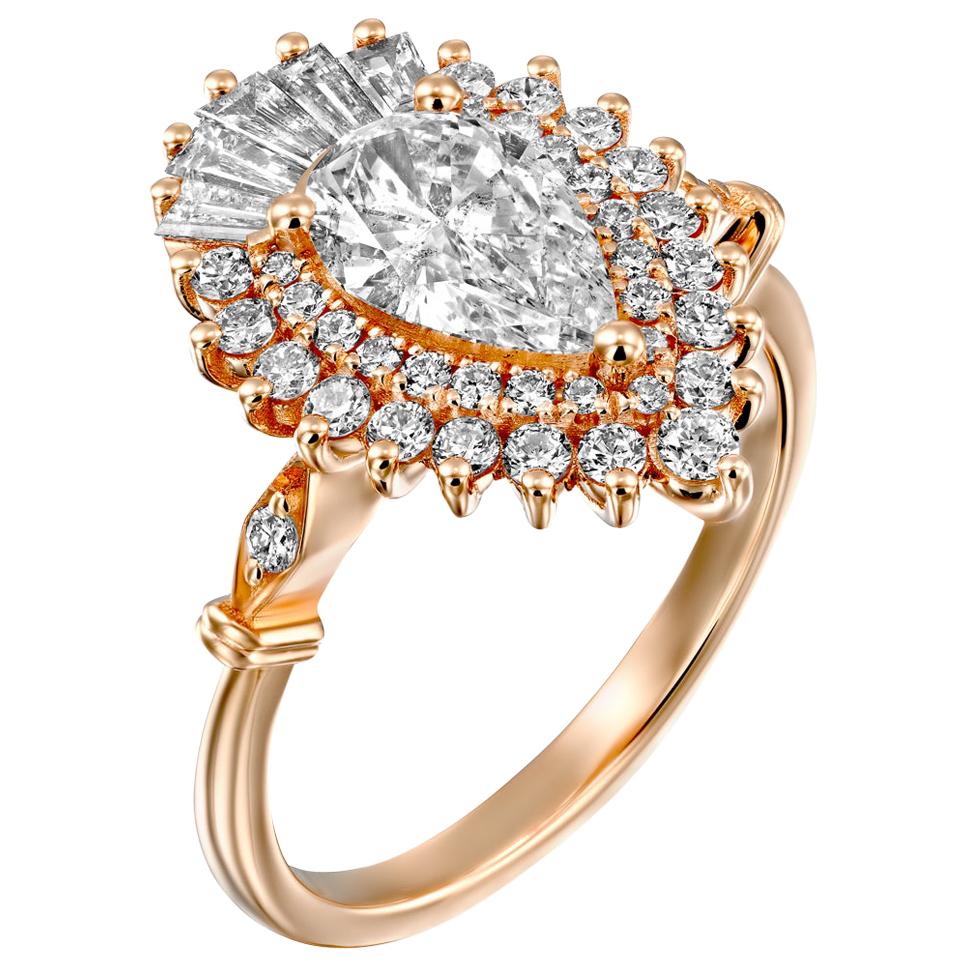 1 1/4 Carat GIA Diamond Ring, Gatsby Pear Halo 18 Karat Rose Gold Ring