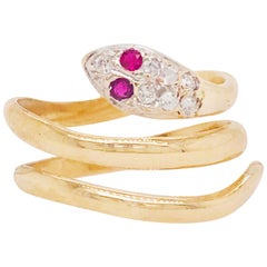 1/10 Carat '0.10 Carat' Diamond & Ruby Snake Wrap Ring in 18 Kt Gold, circa 1955