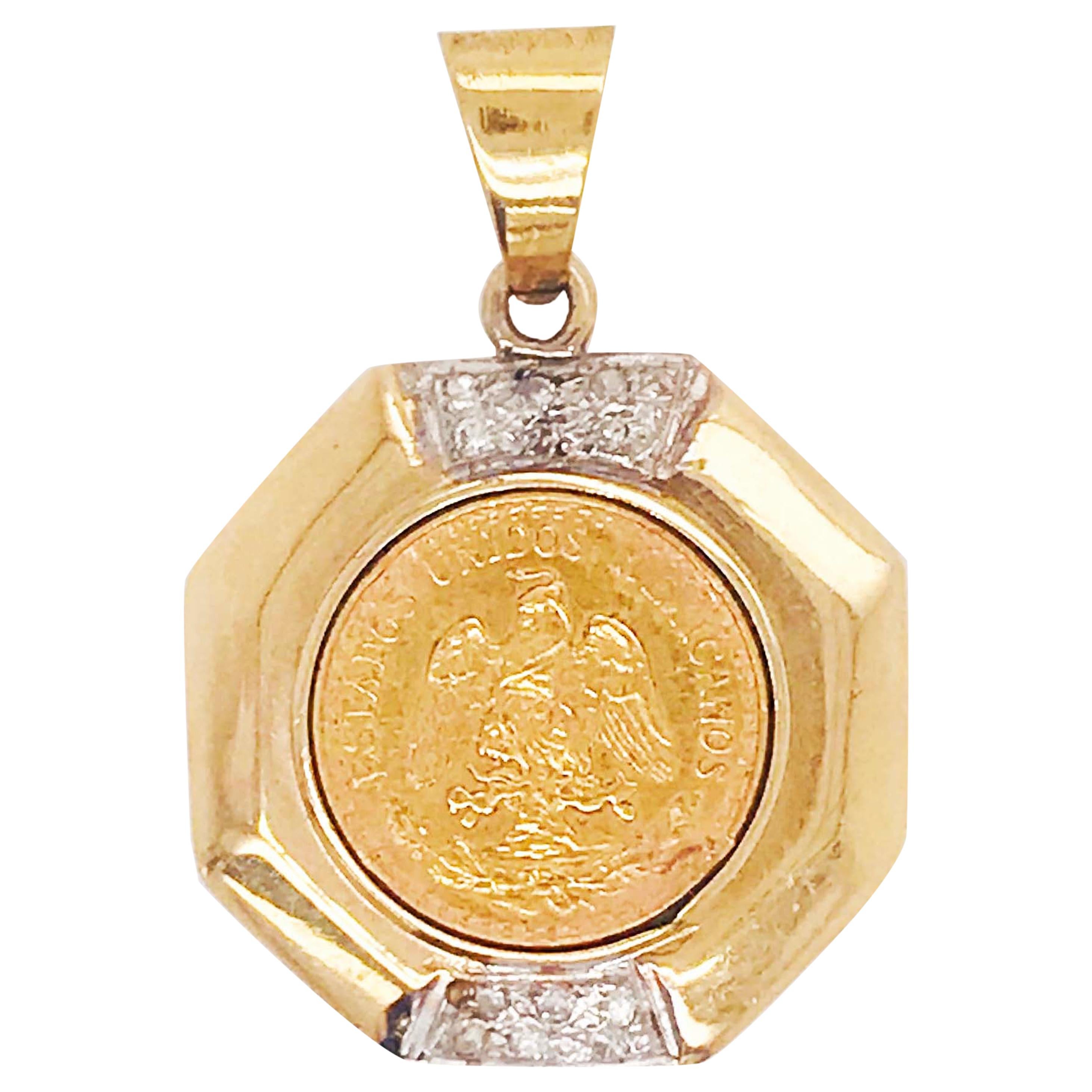 1/10 Carat Diamond Dos Peso Coin Pendant Custom 14 Karat Gold Diamond Coin Bezel