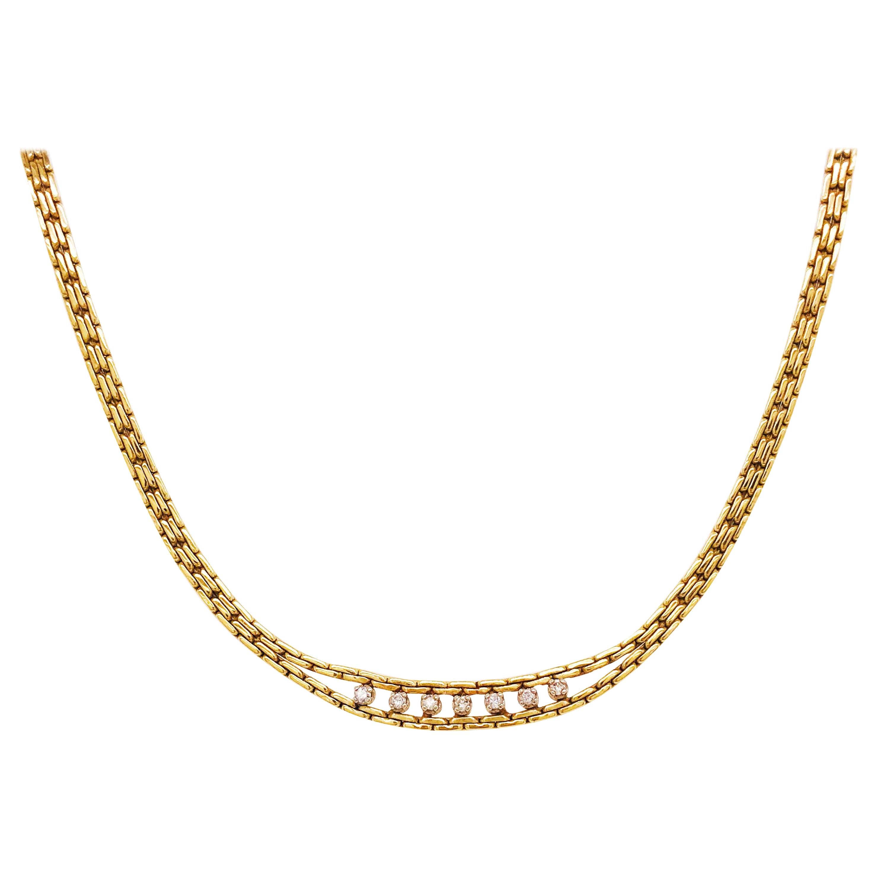 Diamond Choker Chain Necklace in 14 Karat Yellow Gold, 7 Diamonds Custom Made