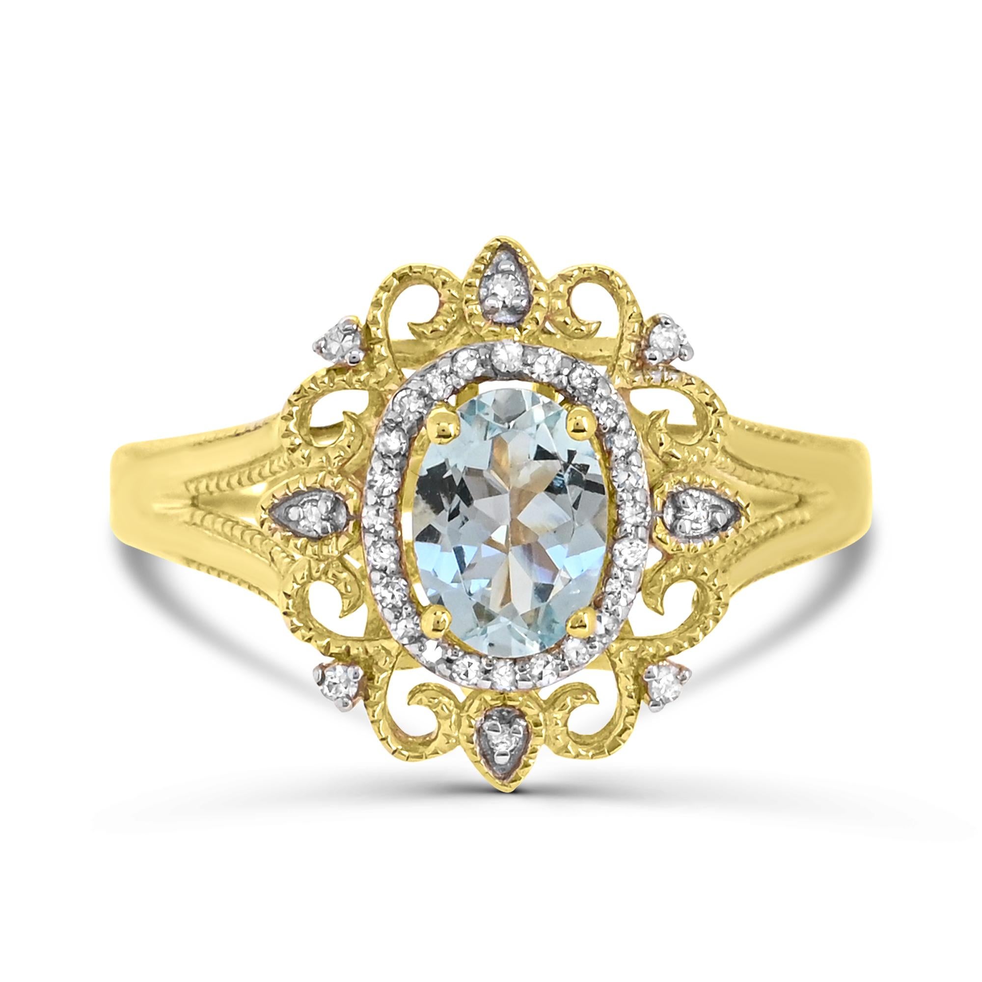 Lassen Sie sich von der Eleganz unseres Rings mit Aquamarin und weißem Diamanten in 14-karätigem Gelbgold bezaubern. Dieser mit viel Liebe zum Detail gefertigte Ring besticht durch eine atemberaubende Kombination aus ovalen Aquamarinen, die von