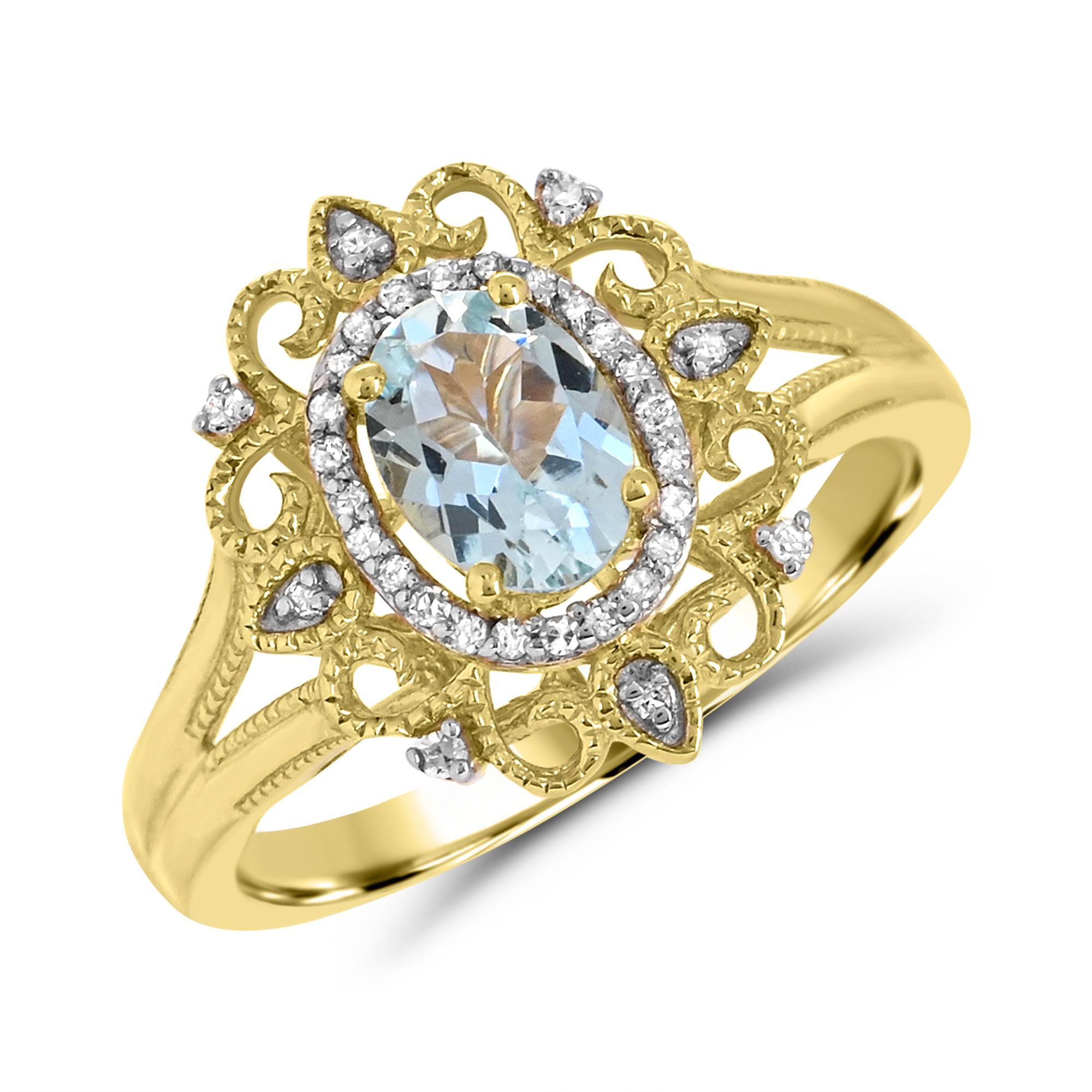 Contemporary 1/10 ct. Aquamarine and A-Quality Diamond Accent 14K Yellow Gold Ring For Sale