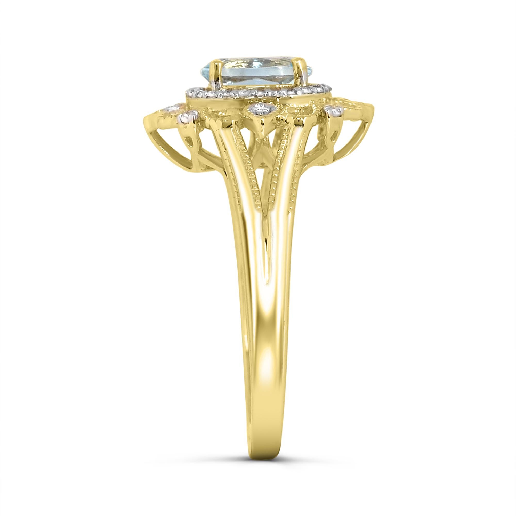 1/10 ct. Ring aus 14 Karat Gelbgold mit Aquamarin und A-Quality-Diamant-Akzent (Ovalschliff) im Angebot