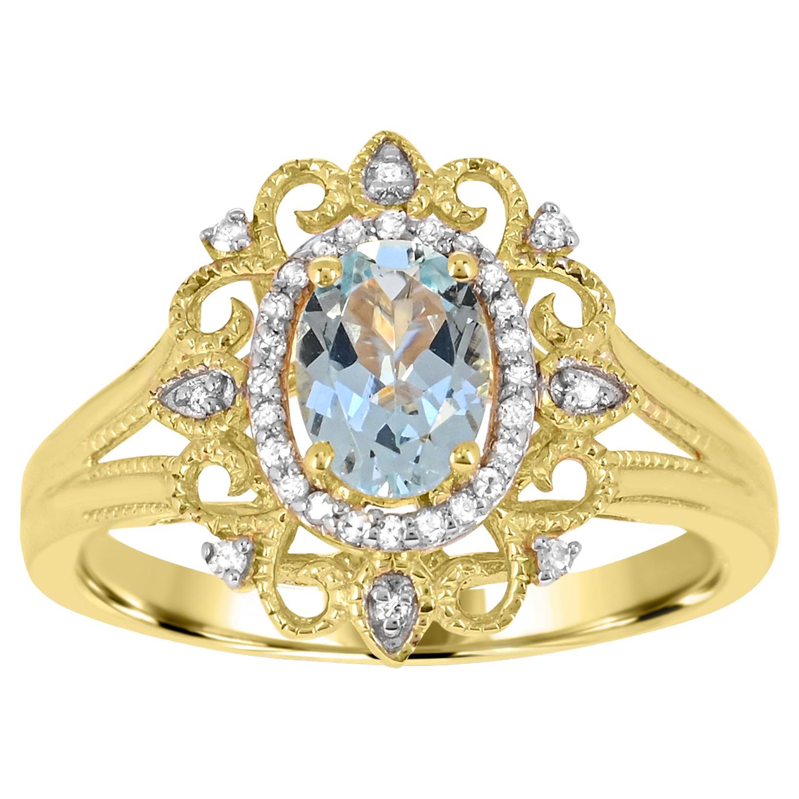 1/10 ct. Aquamarine and A-Quality Diamond Accent 14K Yellow Gold Ring For Sale