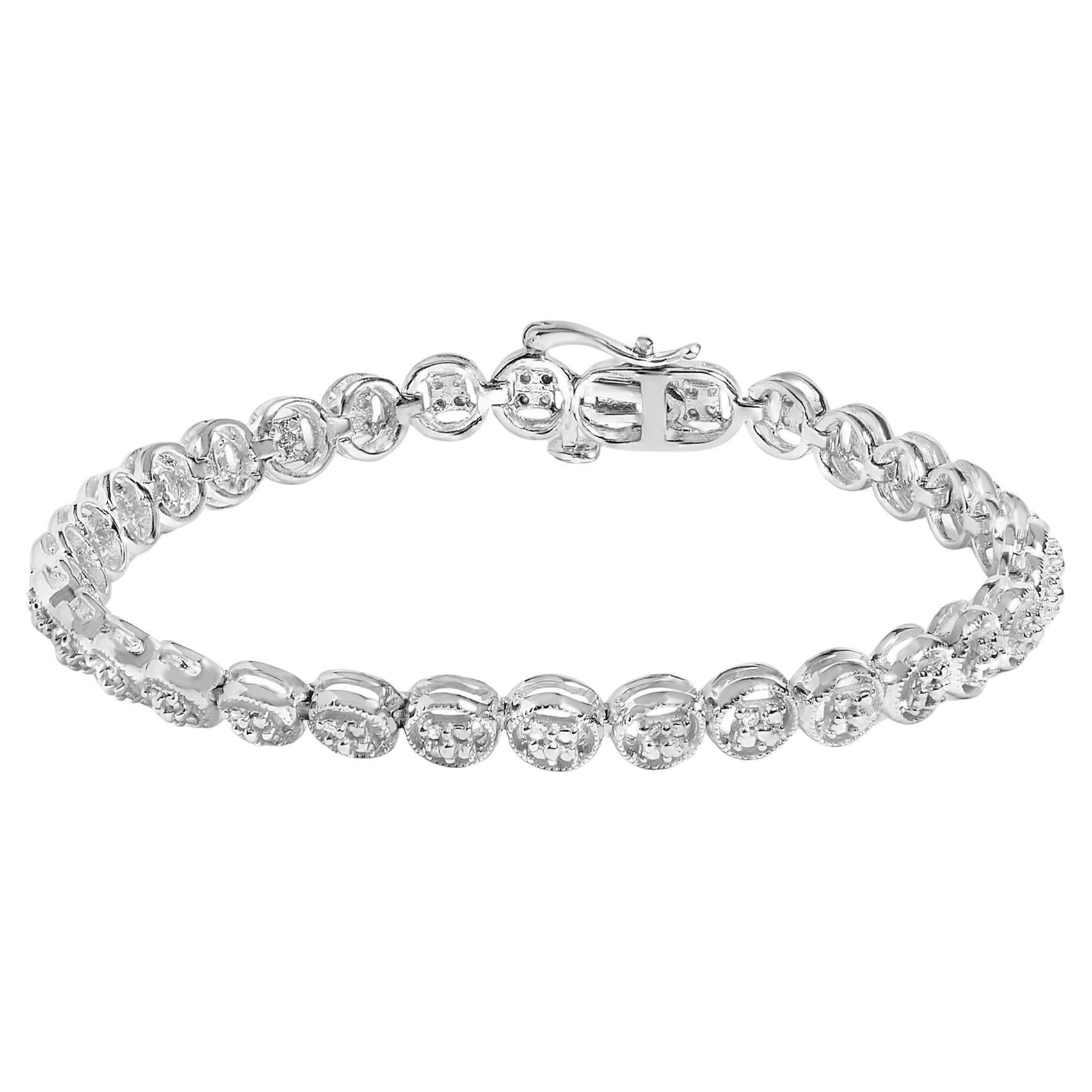 1/10 Cttw Diamond Circle and Beaded Link Bracelet in Sterling Silver For Sale