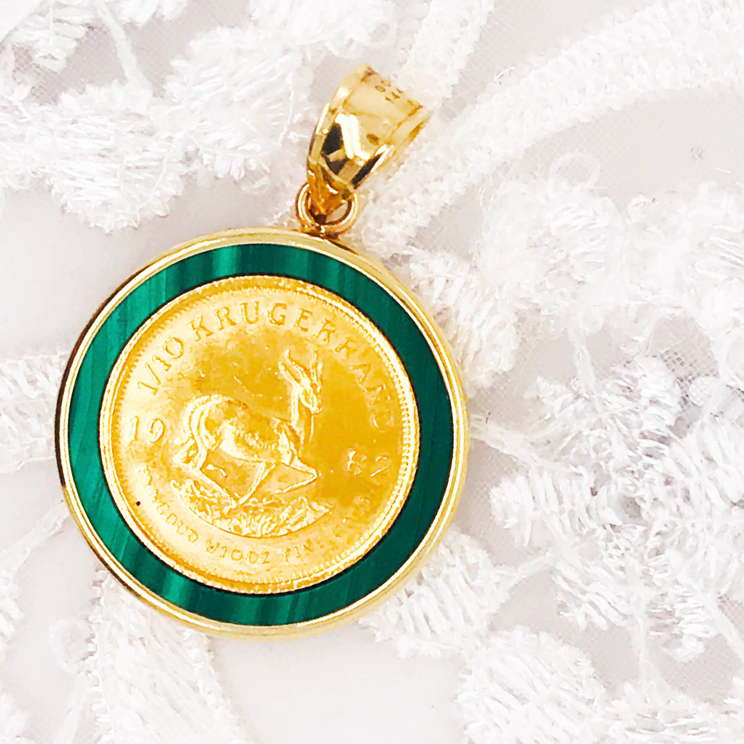 This is a genuine 1/10 oz 1982 Krugerrand gold coin! Set in a genuine malachite coin bezel with a 14k yellow gold bail! This is a rich and special jewelry piece. Malachite has unique green colors that are true only to this gemstone and the color