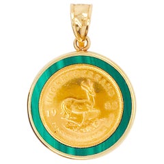 Vintage 1/10 oz Krugerrand 1982 Gold Coin in Genuine Malachite Bezel Pendant, 14K Gold