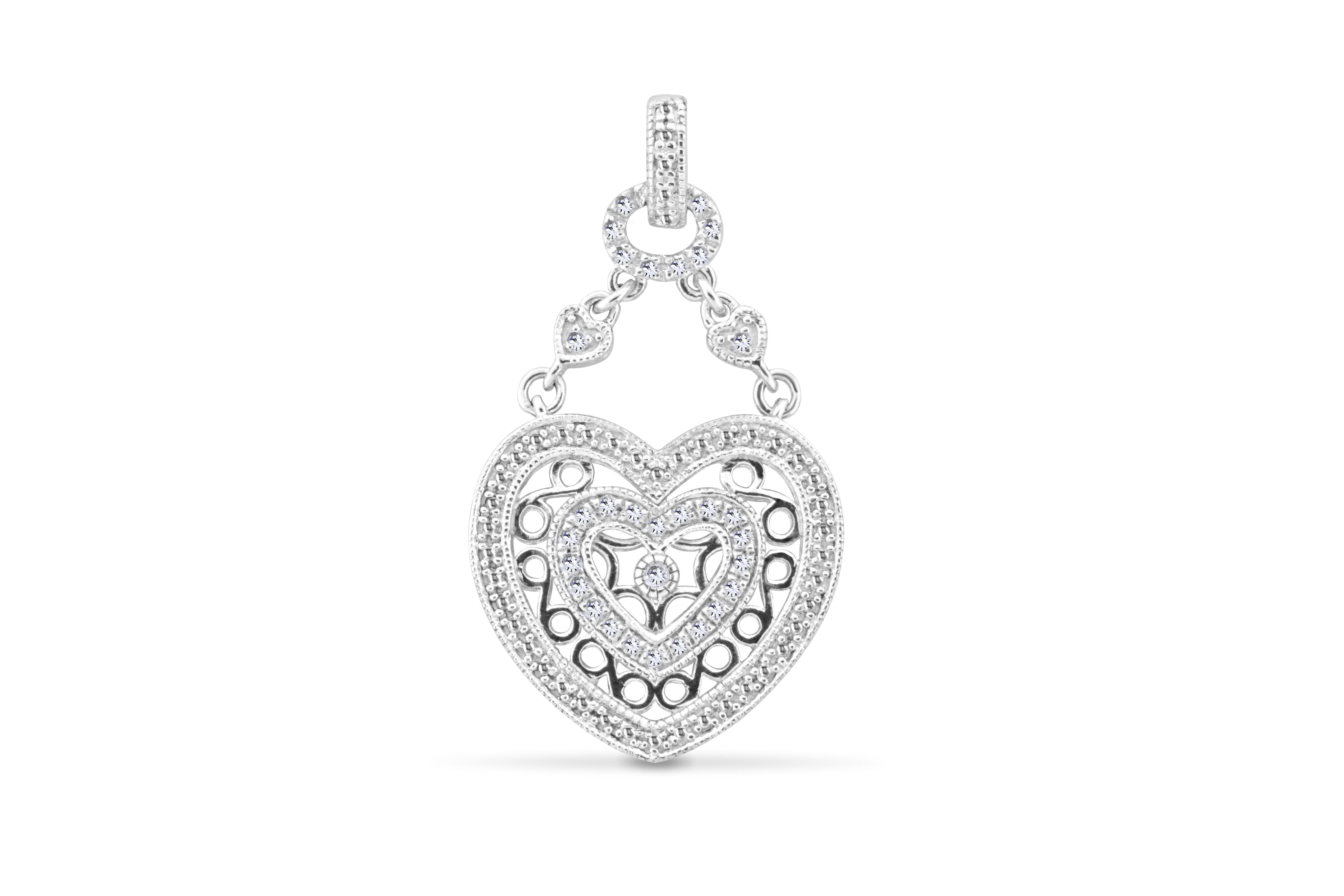 1/10ct. Diamond Accent Double Heart Sterling Silver Pendant Necklace In New Condition For Sale In New York, NY
