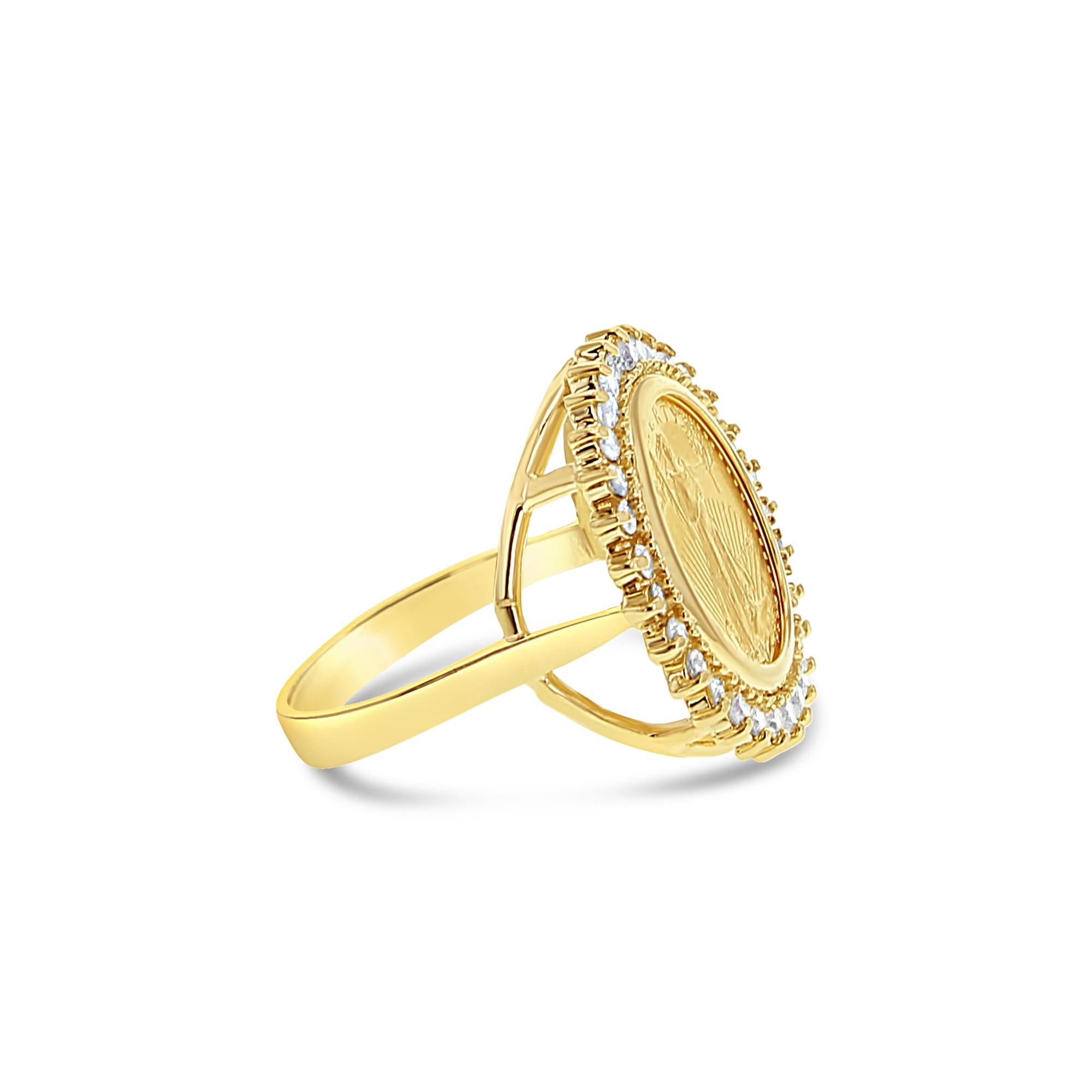 En venta: 1/10OZ 22K Oro Fino American Eagle Lady Liberty Coin Ring w/ Diamond Halo  3