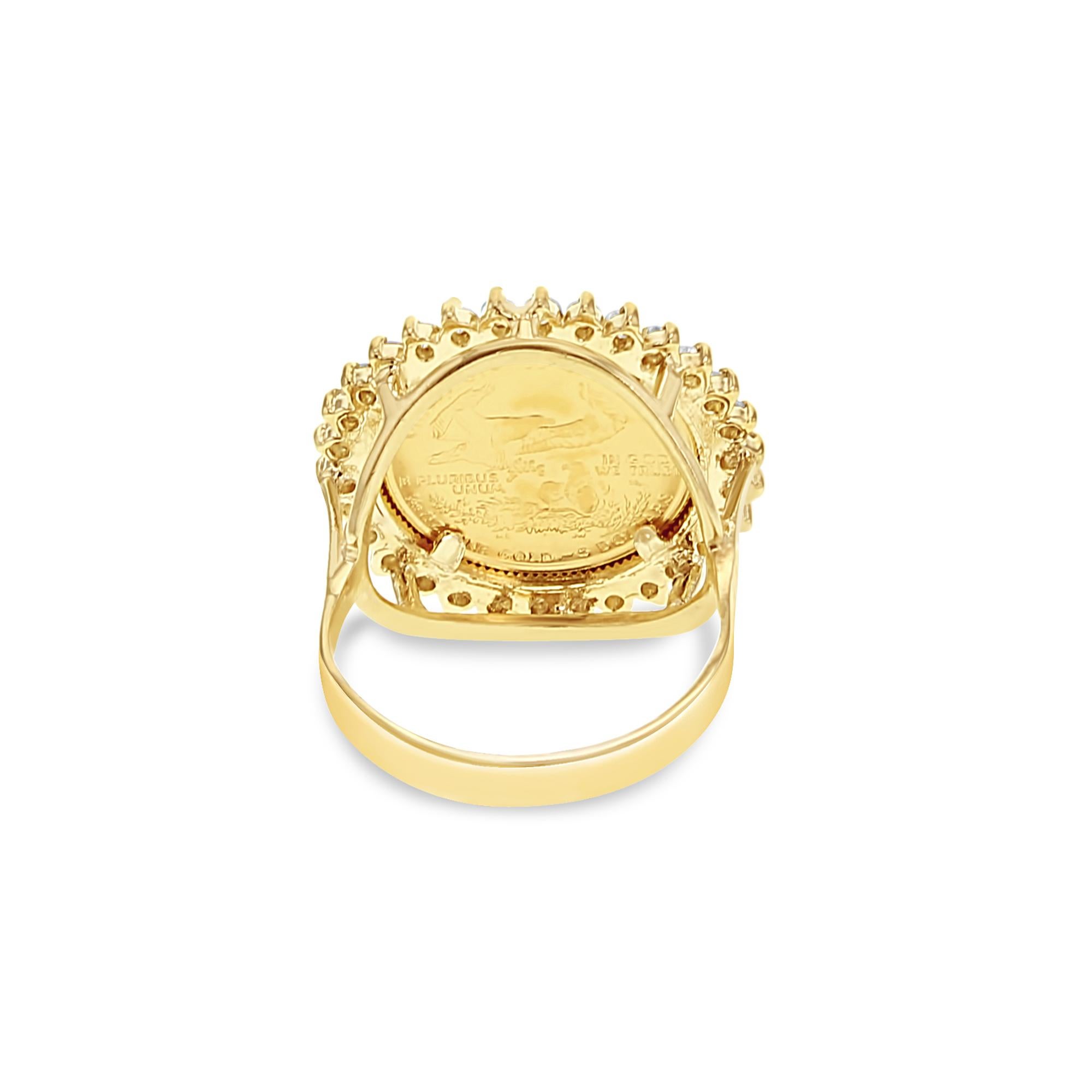 For Sale:  1/10OZ 22K Fine Gold Lady Liberty Coin Ring w/ Diamond Halo 14k Yellow Gold 3