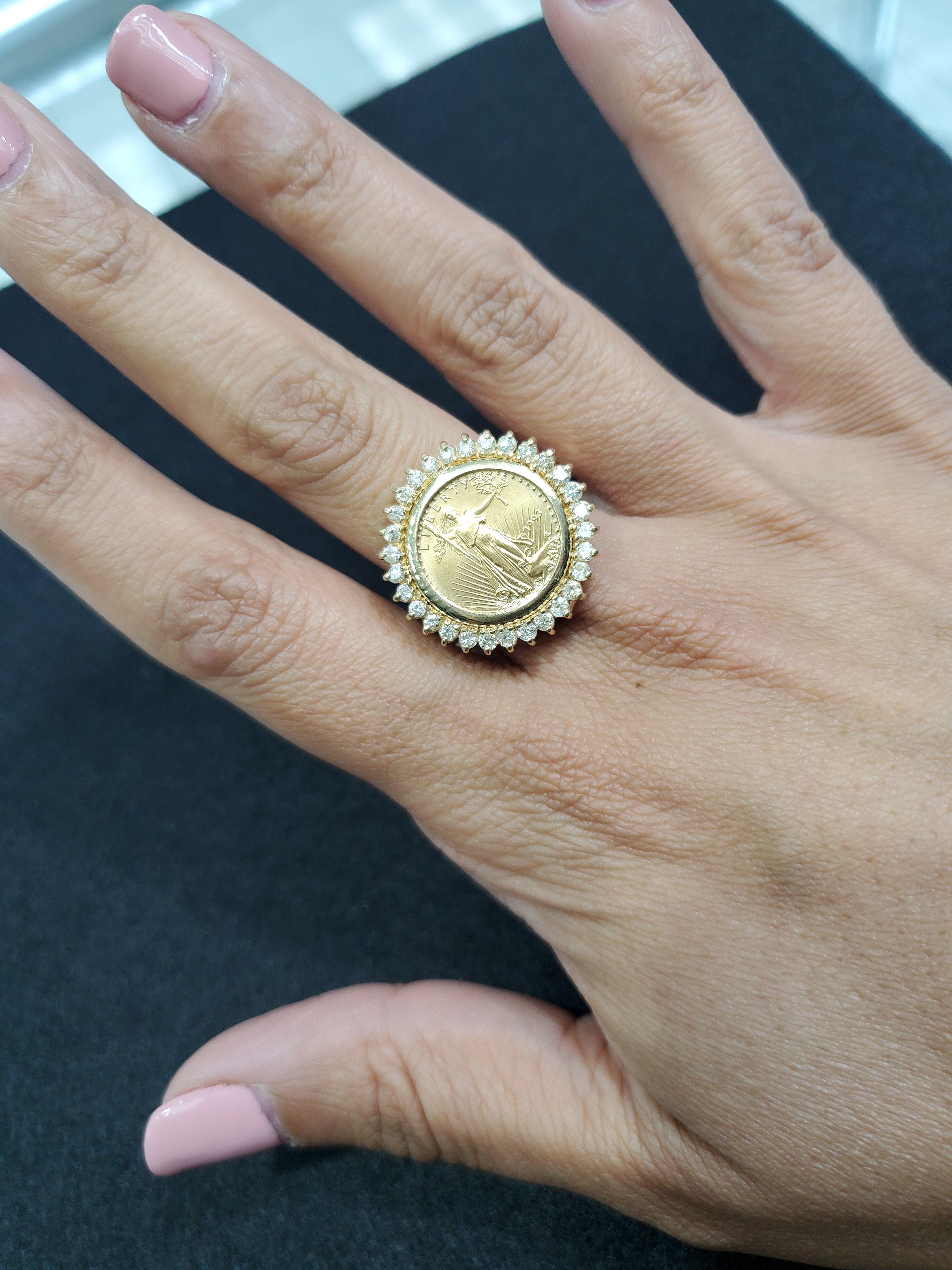 For Sale:  1/10OZ 22K Fine Gold Lady Liberty Coin Ring w/ Diamond Halo 14k Yellow Gold 4