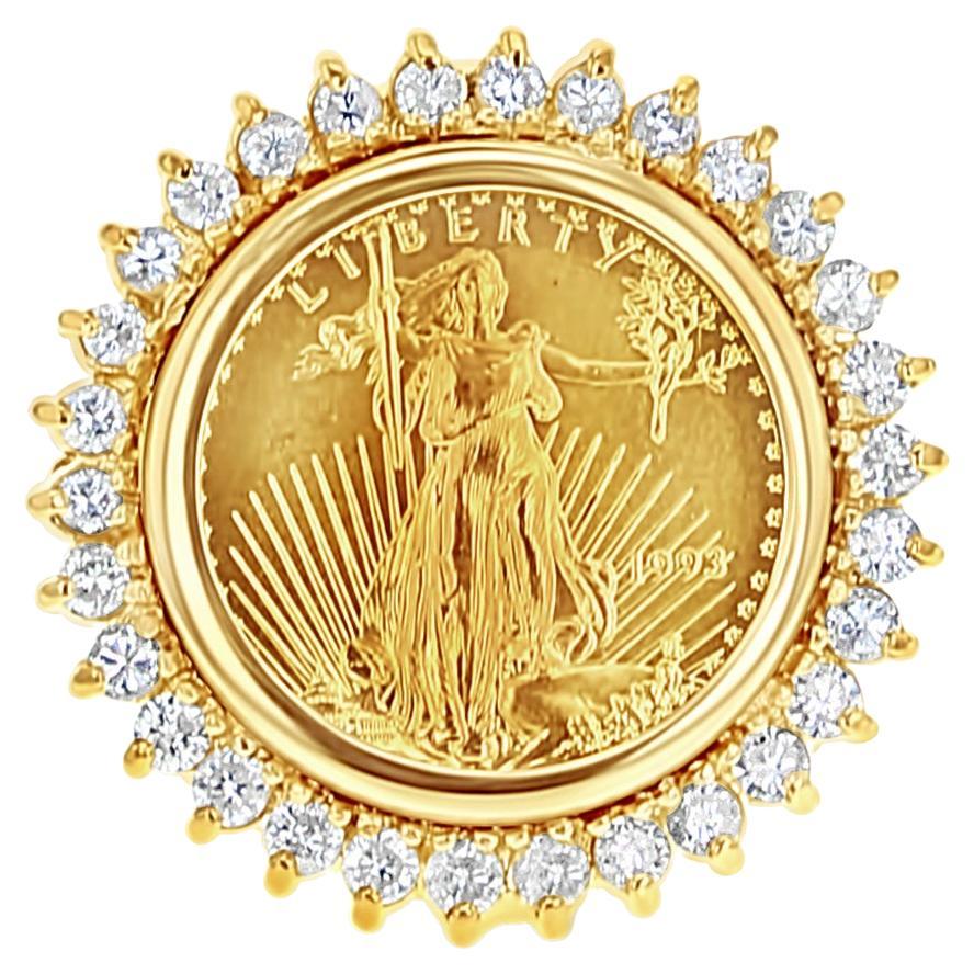 For Sale:  1/10OZ 22K Fine Gold Lady Liberty Coin Ring w/ Diamond Halo 14k Yellow Gold