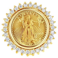 1/10OZ 22K Fine Gold Lady Liberty Coin Ring w/ Diamond Halo 14k Yellow Gold