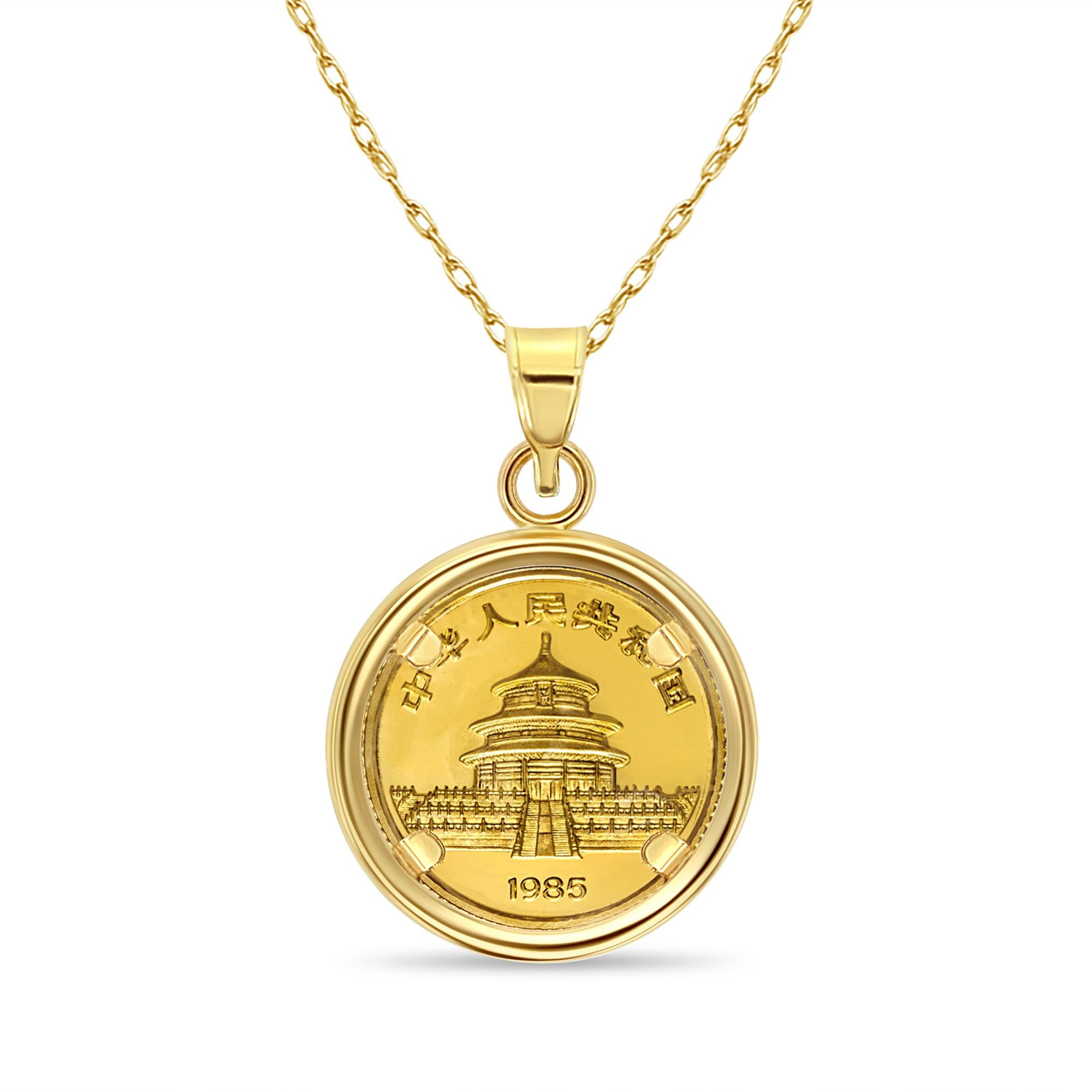 1/10OZ Chinese Panda Gold Coin Bezel Necklace 14k Yellow Gold

✱ MADE TO ORDER  ✱
♥ Coin Information ♥

Coin Metal: Fine Gold .999 
Denomination: 10 Yuan
Country: China
Year: Varies
Obverse:  Beijing Temple of Heaven with Chinese inscription