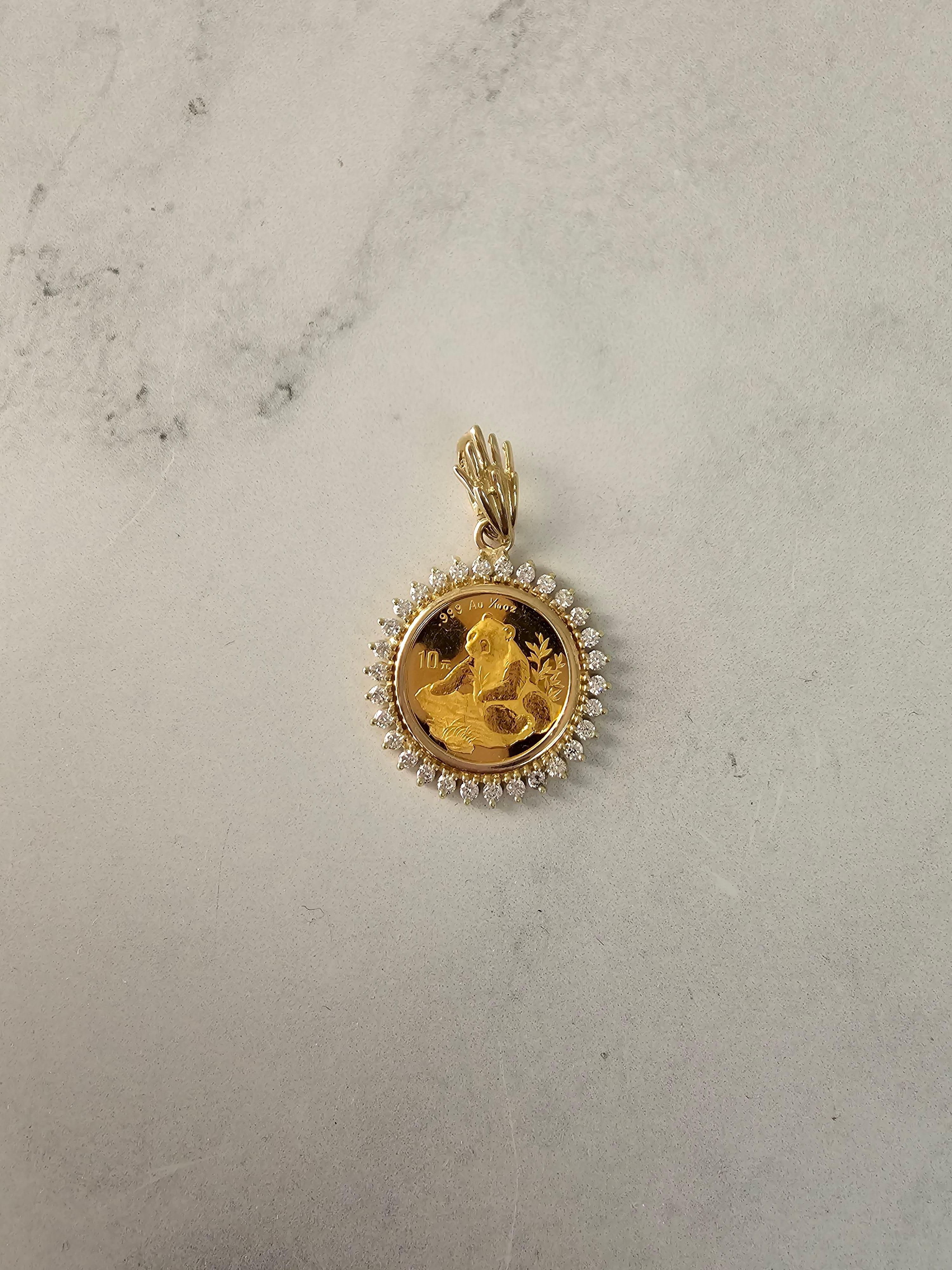 Round Cut 1/10OZ Chinese Panda Gold Coin Diamond Halo Necklace For Sale