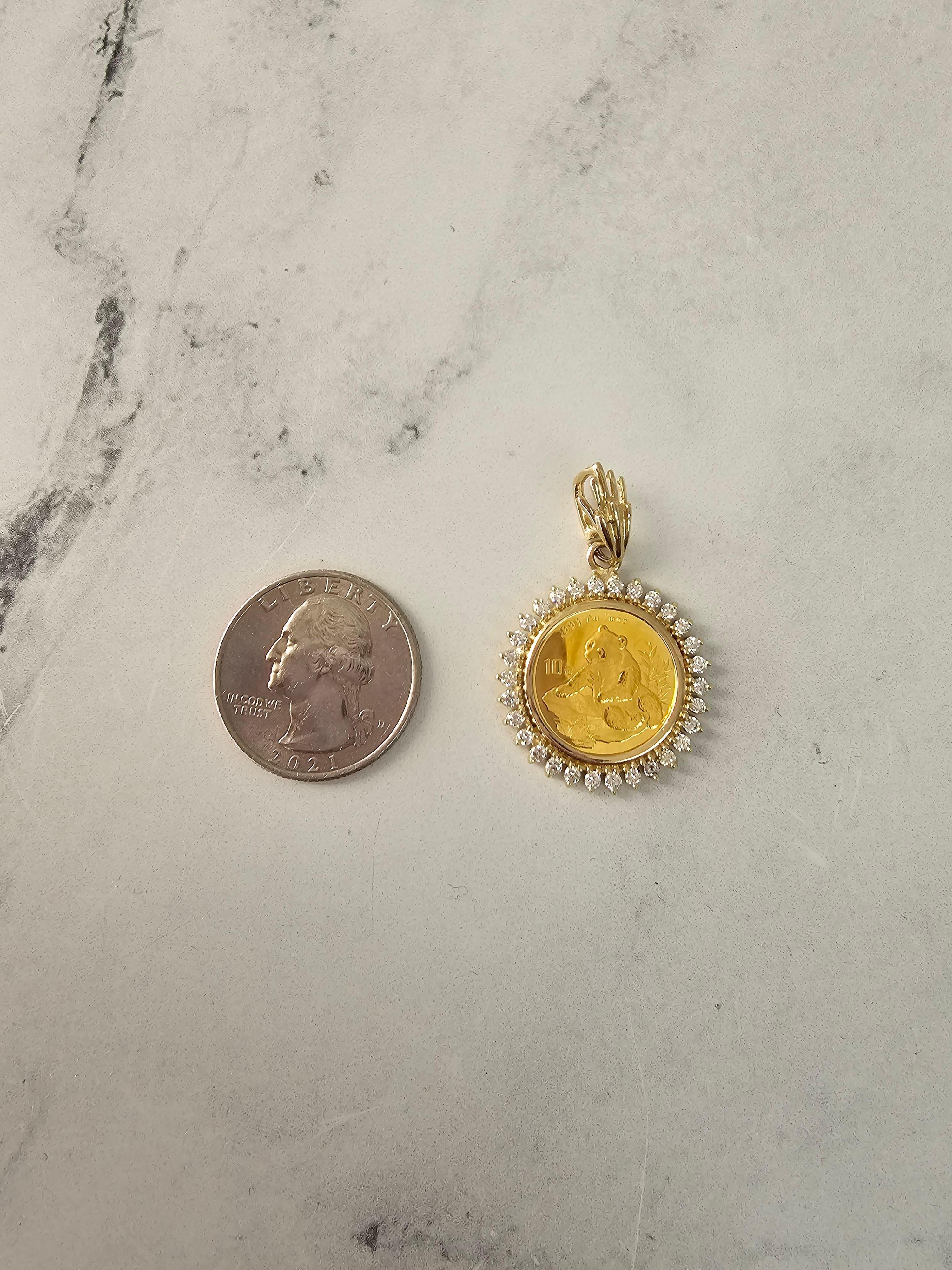 1/10OZ Chinese Panda Gold Coin Diamond Halo Necklace In New Condition For Sale In Sugar Land, TX
