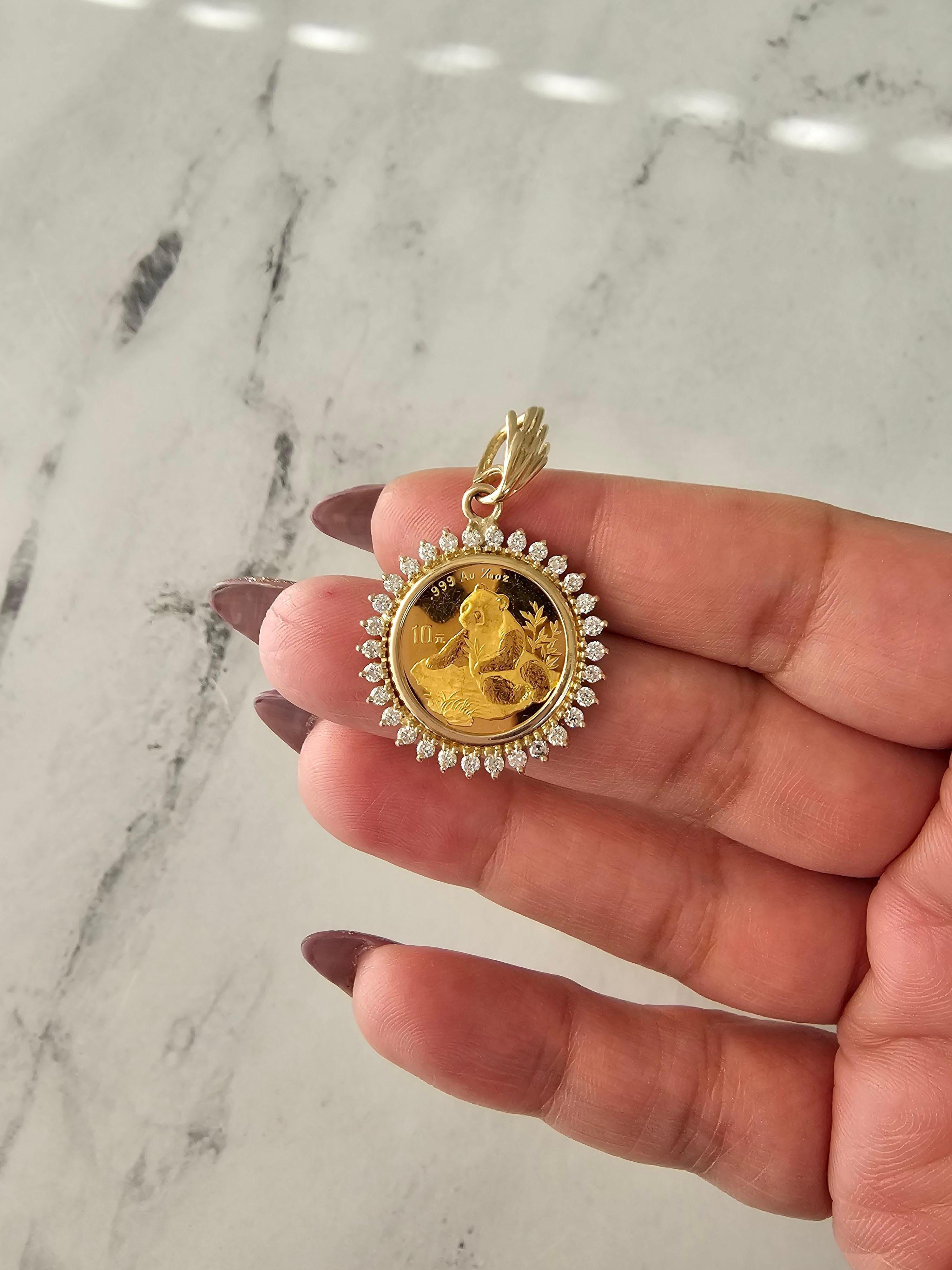 Women's or Men's 1/10OZ Chinese Panda Gold Coin Diamond Halo Necklace For Sale