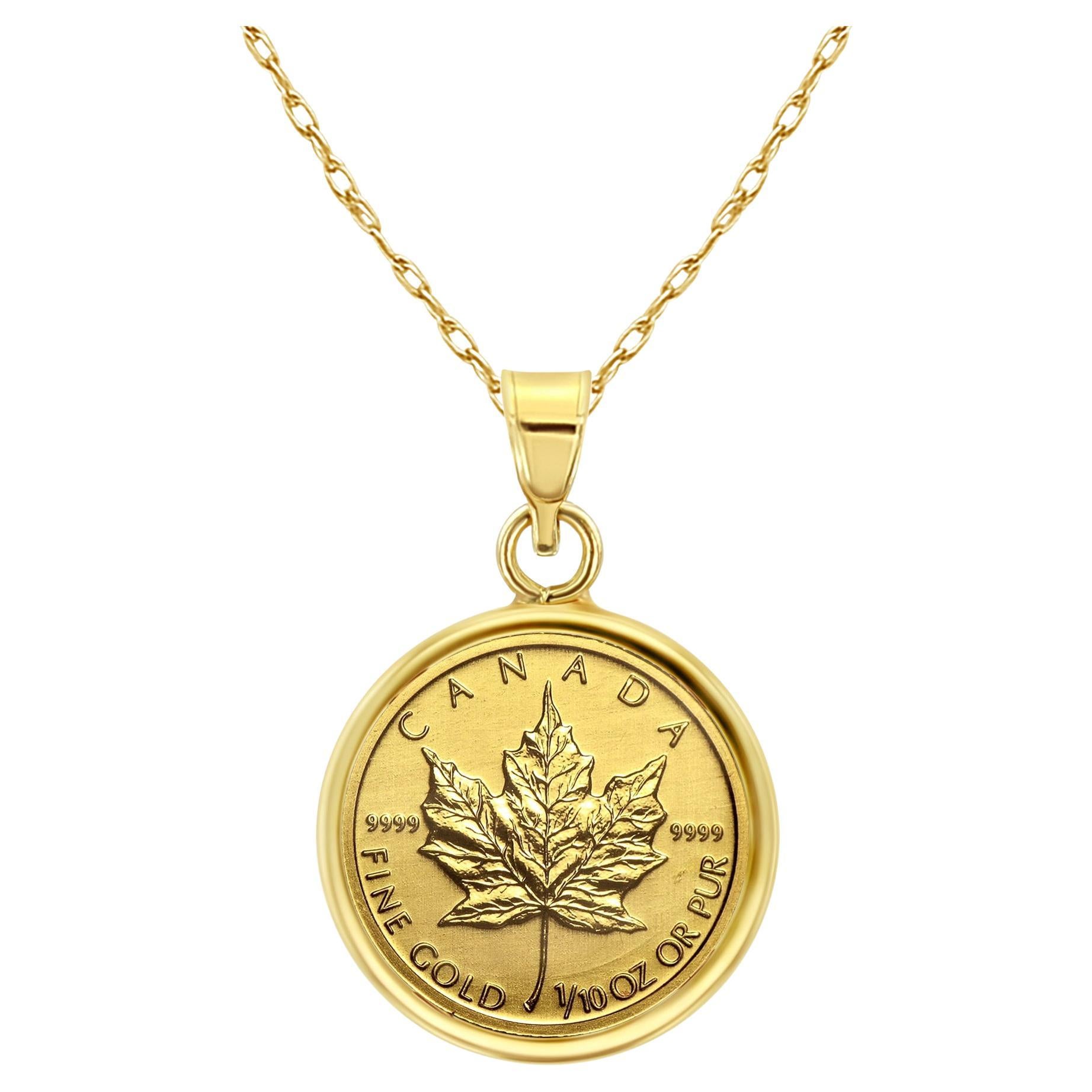 1/10OZ Fine Gold Canadian Maple Leaf Coin Necklace with Polished Bezel