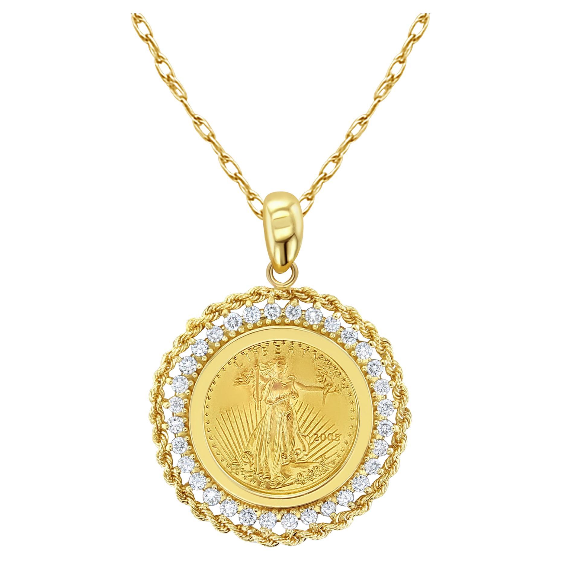 1/10OZ Fine Gold Lady Liberty Medallion Necklace with Diamond& Rope Halo For Sale
