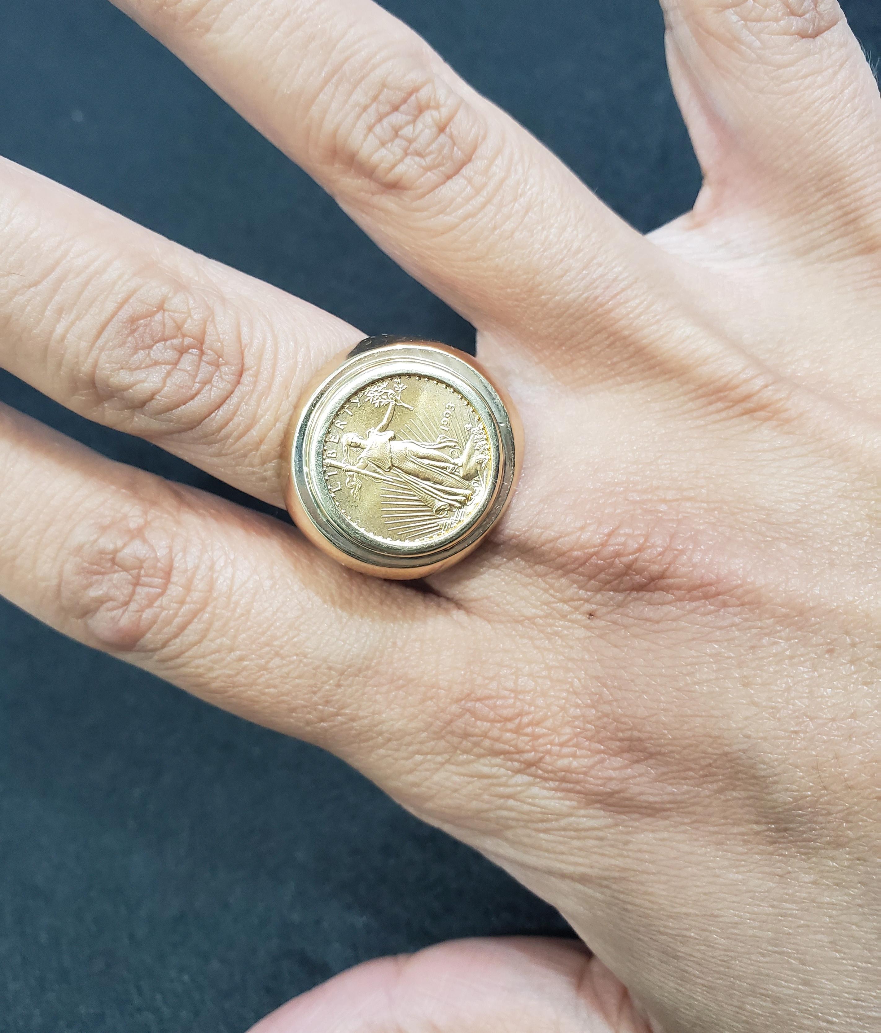 ♥ Coin Information  ♥

Coin Information: American Eagle
Coin Metal: 22k Fine Gold
Denomination: $5
Metal Content: 1/10OZ Fine Gold
Obverse: Lady Liberty Holding a Torch
Reverse: Bald Eagle
Year: Varies

 ♥ Ring Information  ♥

Band Finish: