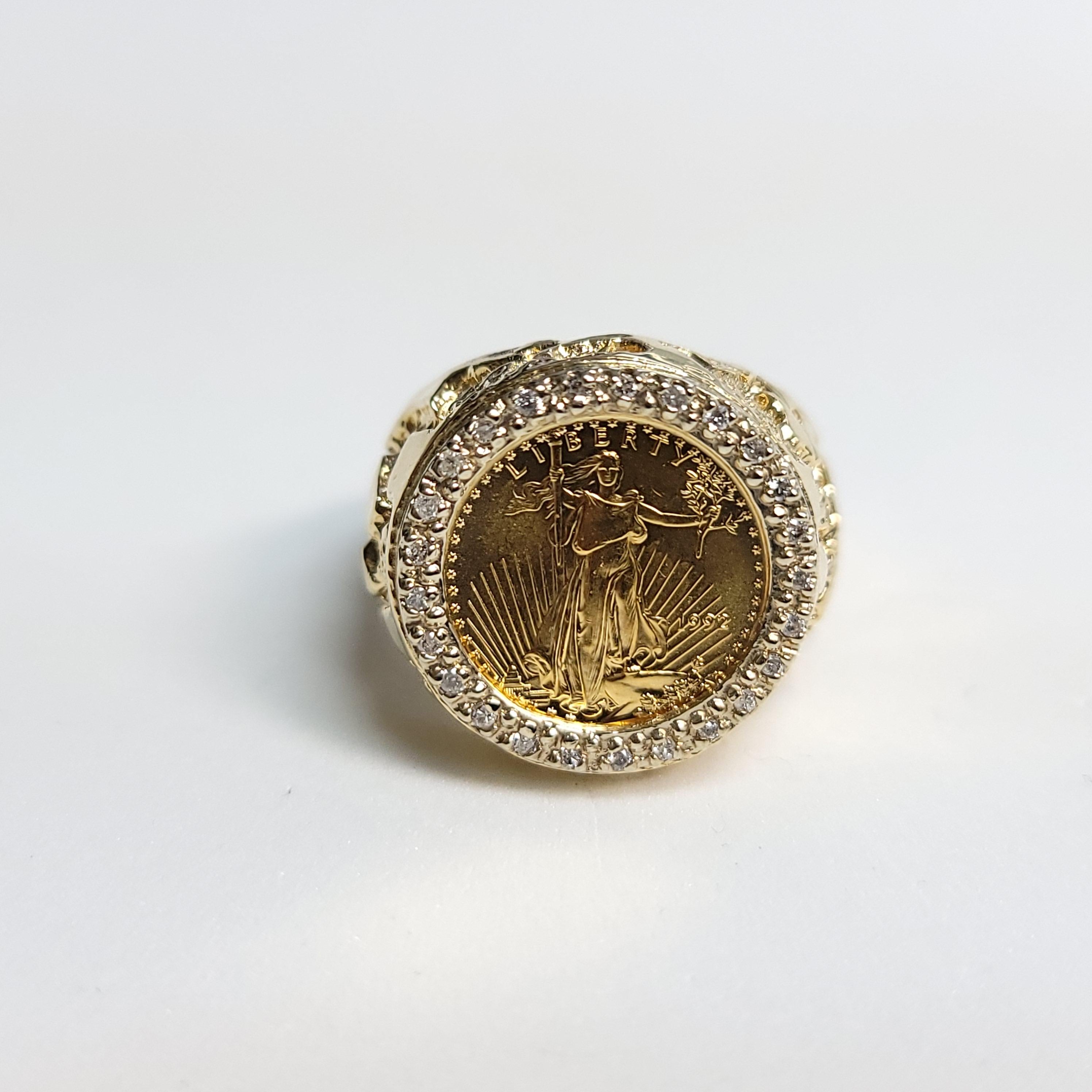 Round Cut 1/10OZ Lady Liberty Diamond Coin Ring with Nugget Band For Sale