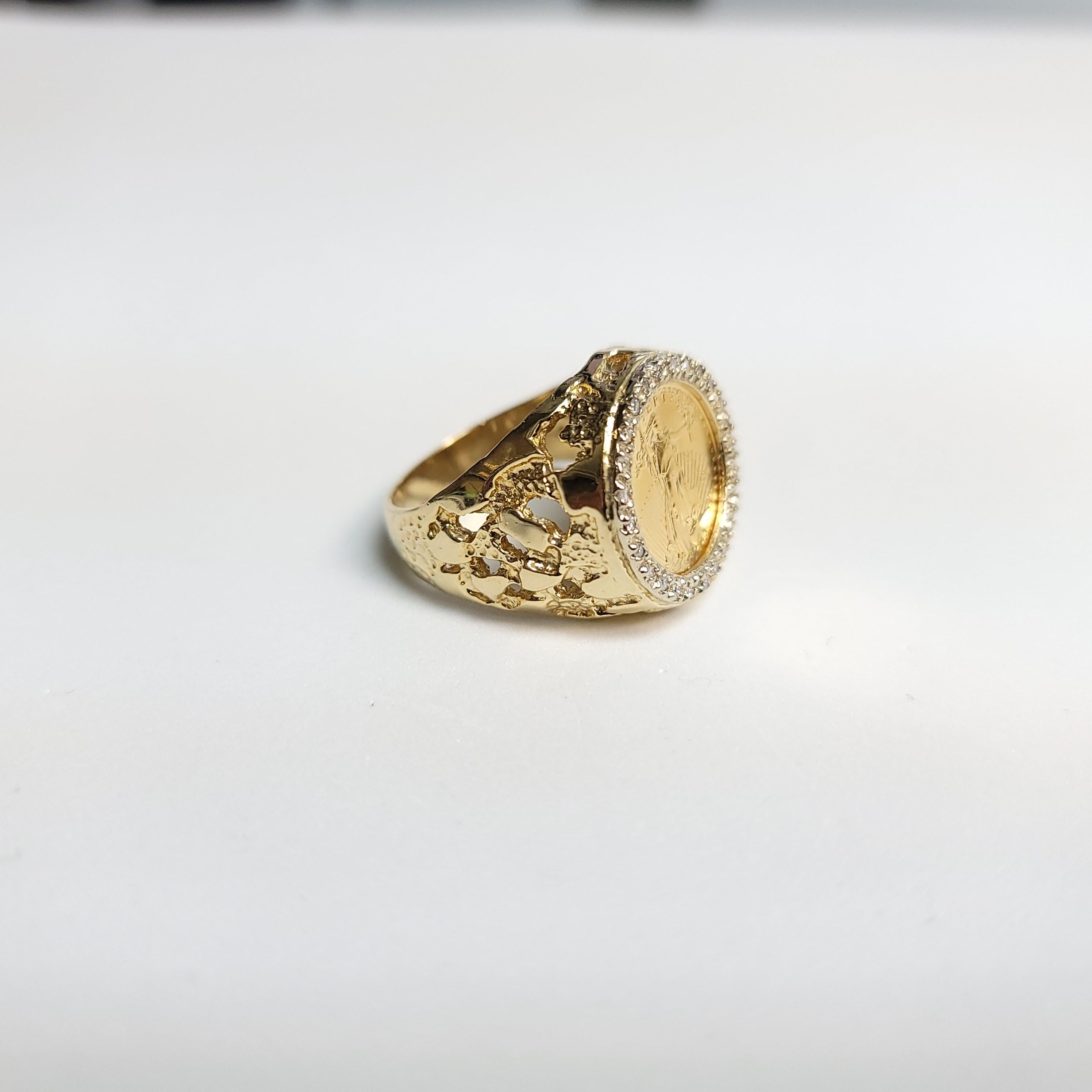 1/10OZ Lady Liberty Diamond Coin Ring with Nugget Band In New Condition For Sale In Sugar Land, TX