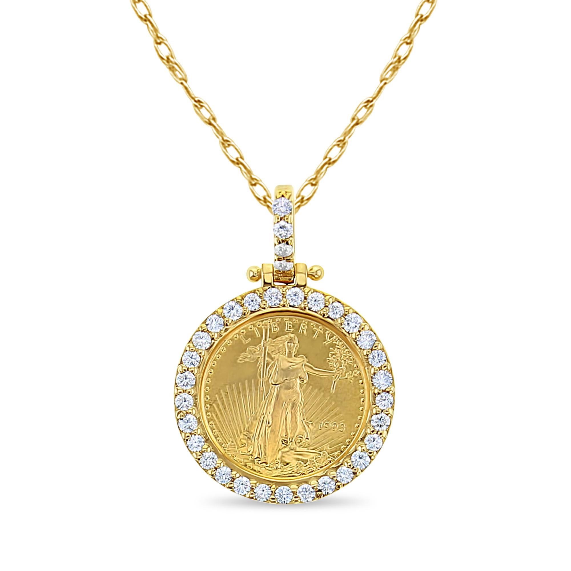 Shared Prong 1/10OZ Lady Liberty Diamond Halo Necklace .70cttw 14k Yellow Gold or 14k White Gold 

Elevate your style with our stunning Shared Prong 1/10OZ Lady Liberty Diamond Halo Necklace, available in both 14k Yellow Gold and 14k White Gold.