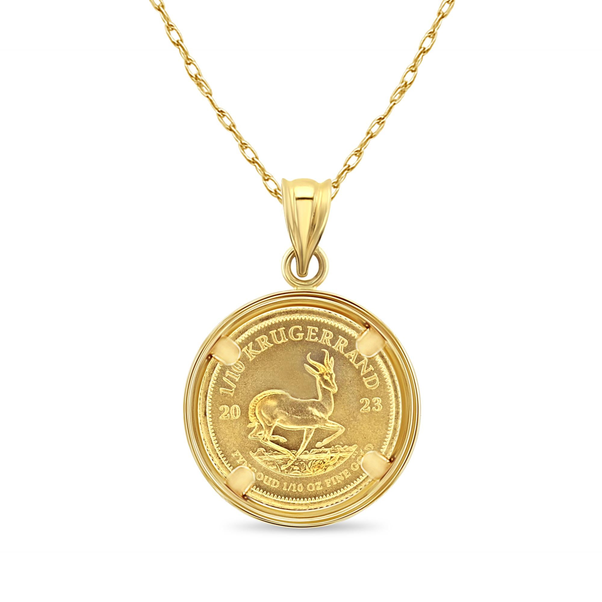 ♥ Coin Information  ♥

Details: South African Krugerrand Gold Coin
Obverse: Paul Kruger
Reverse: Antelope
Metal: Fine Gold
Weight: 1/10OZ
Year: Varies
Composition: .9167 Gold Ounce

♥ Bezel Information  ♥

Style:  Polished Bezel
Material: 14k Yellow