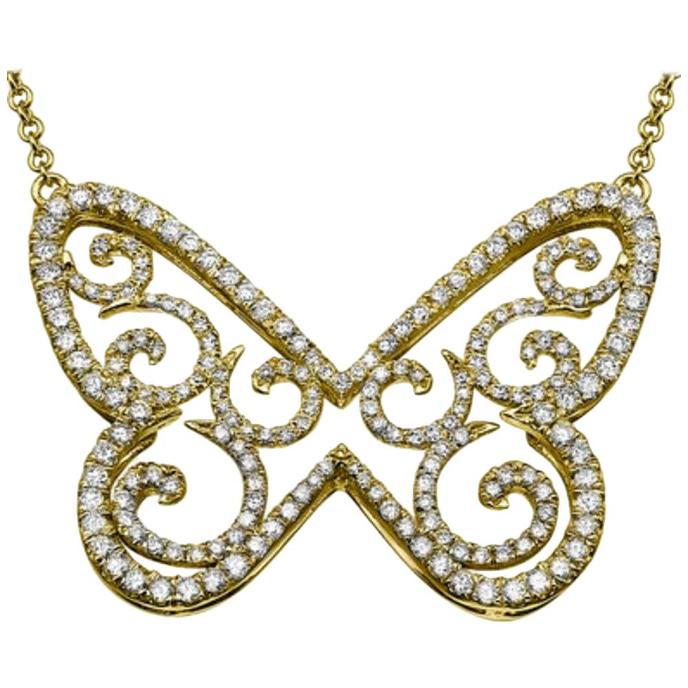 1 2/3 Carat 14 Karat Yellow Gold Diamond Necklace, Diamond Butterfly Pendant
