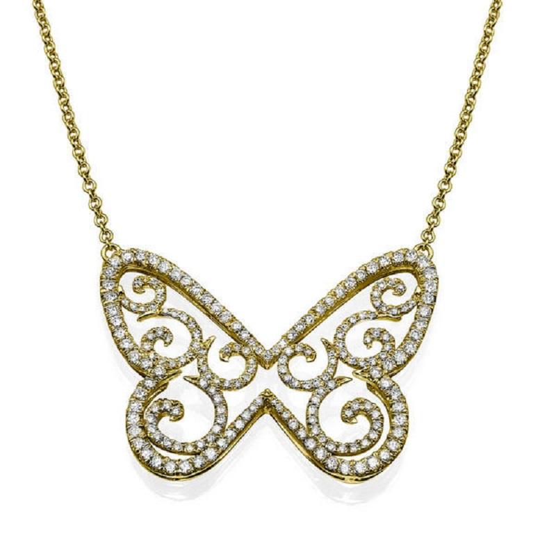 A unique and amazing Diamond butterfly necklace made of 14K Yellow Gold set with 200 natural round diamonds. The total carat weight of this beautiful Diamond pendant necklace is 1.58 carat.
 
 Item Specs:
 Carat Weight: Approx. 1.58 Carat 
 Color: