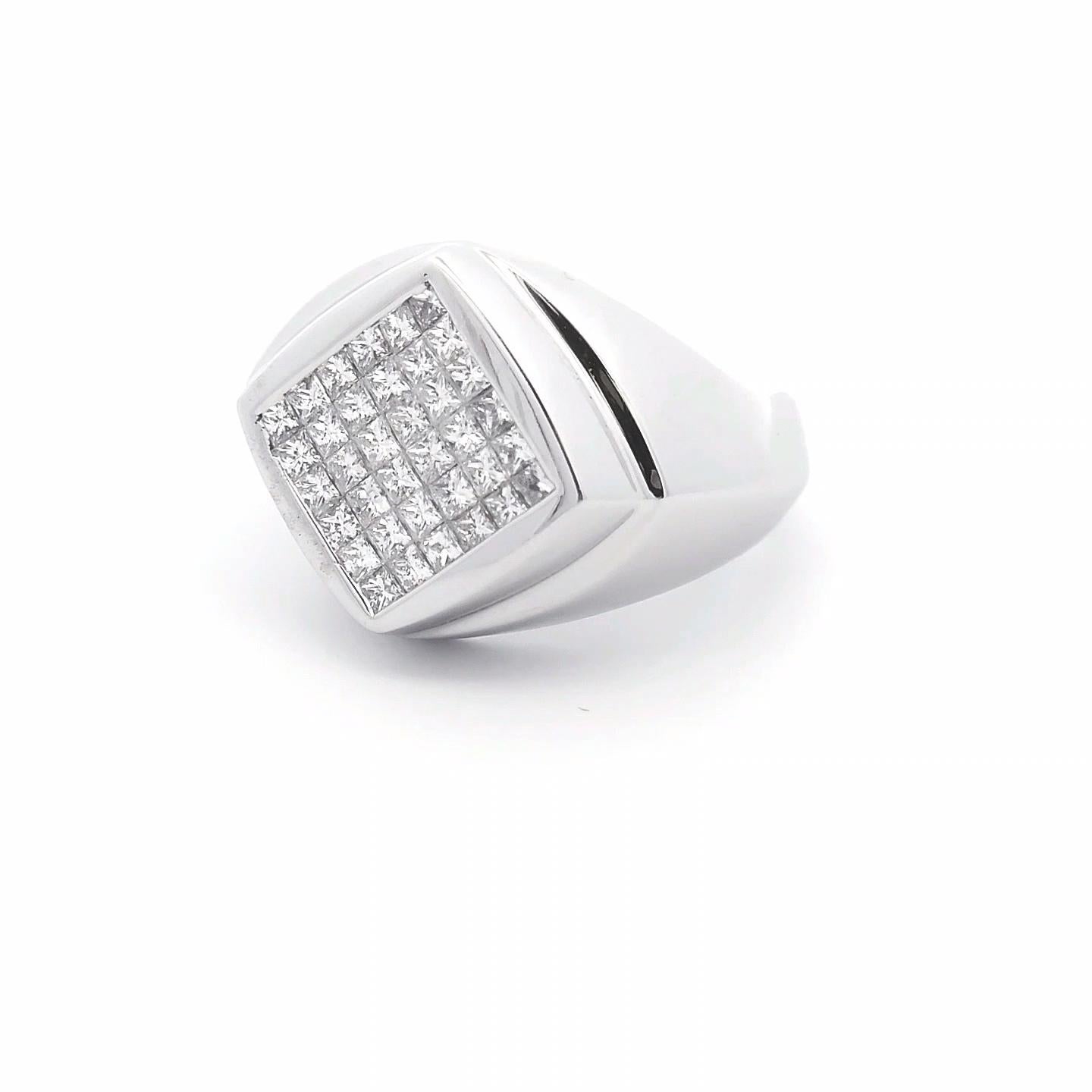 Experience quality at the right price with this expertly crafted designer gentlemen’s ring. Featuring 1.63 carats of stunning princess-cut diamonds, this ring is set in an elegant invisible setting that enhances the brilliance of each diamond.