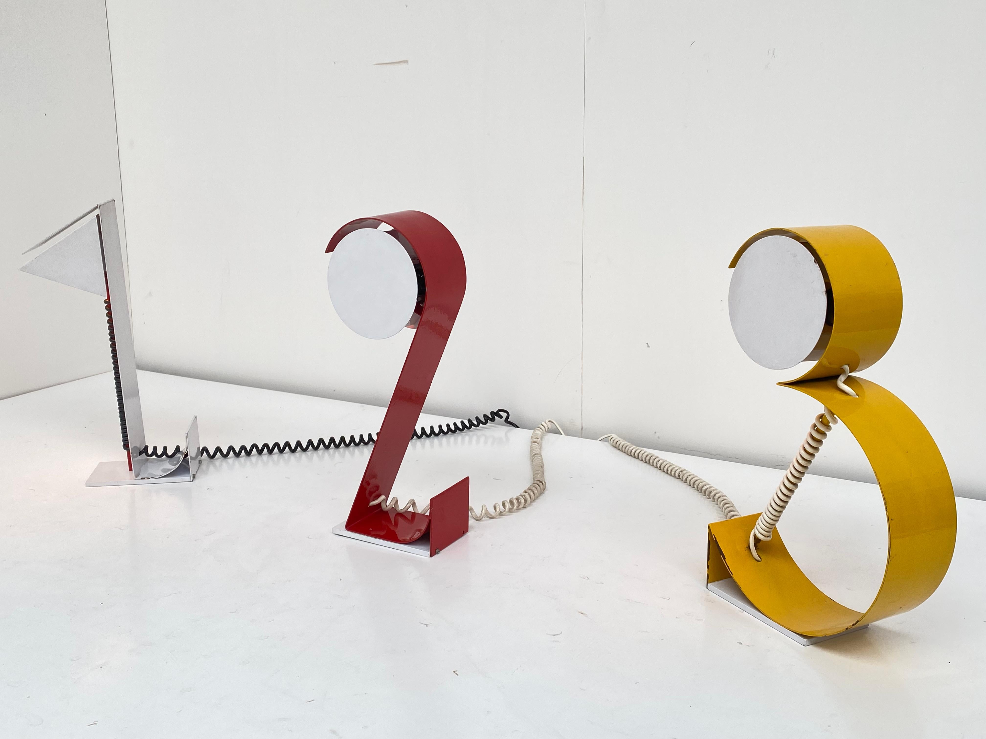 Steel 1 2 3 Table Lamps Post Modern Geometric French Pop Art 1980's For Sale