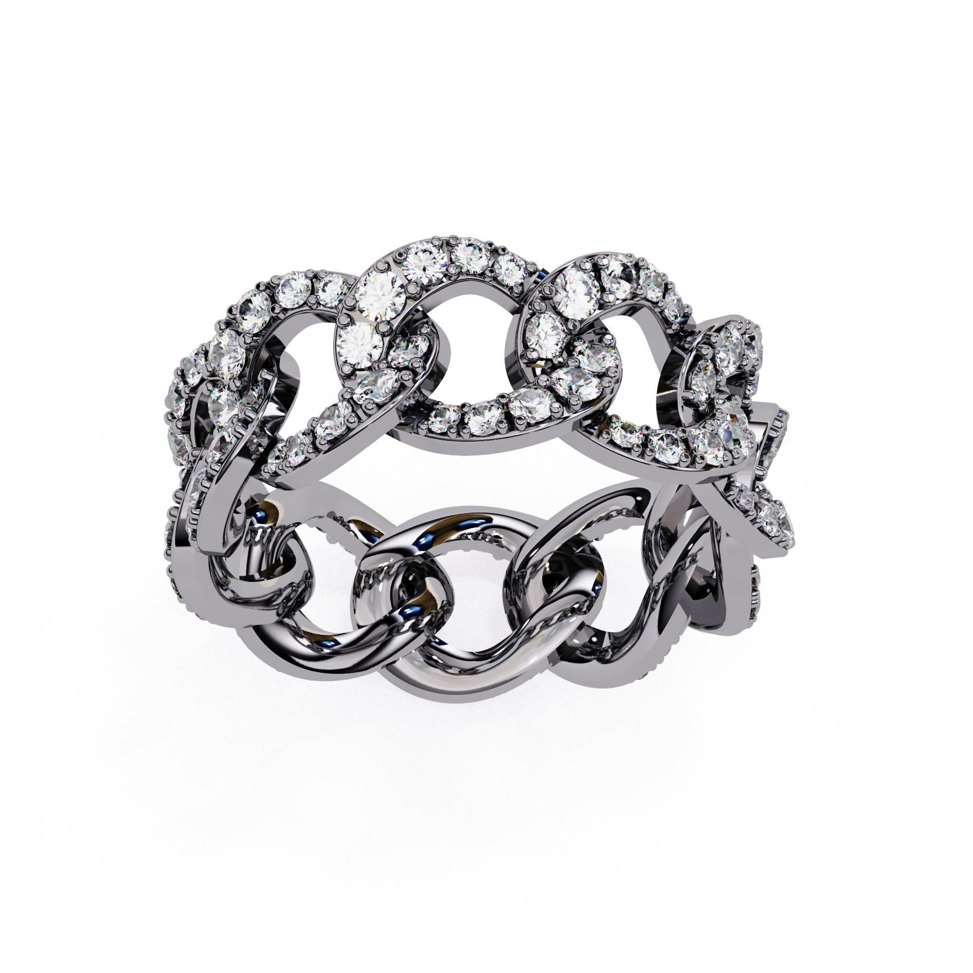1 2/5 Ctw Cuban Link Chain Diamond Ring Full Eternity Band 14K Solid Gold SI GH For Sale 6