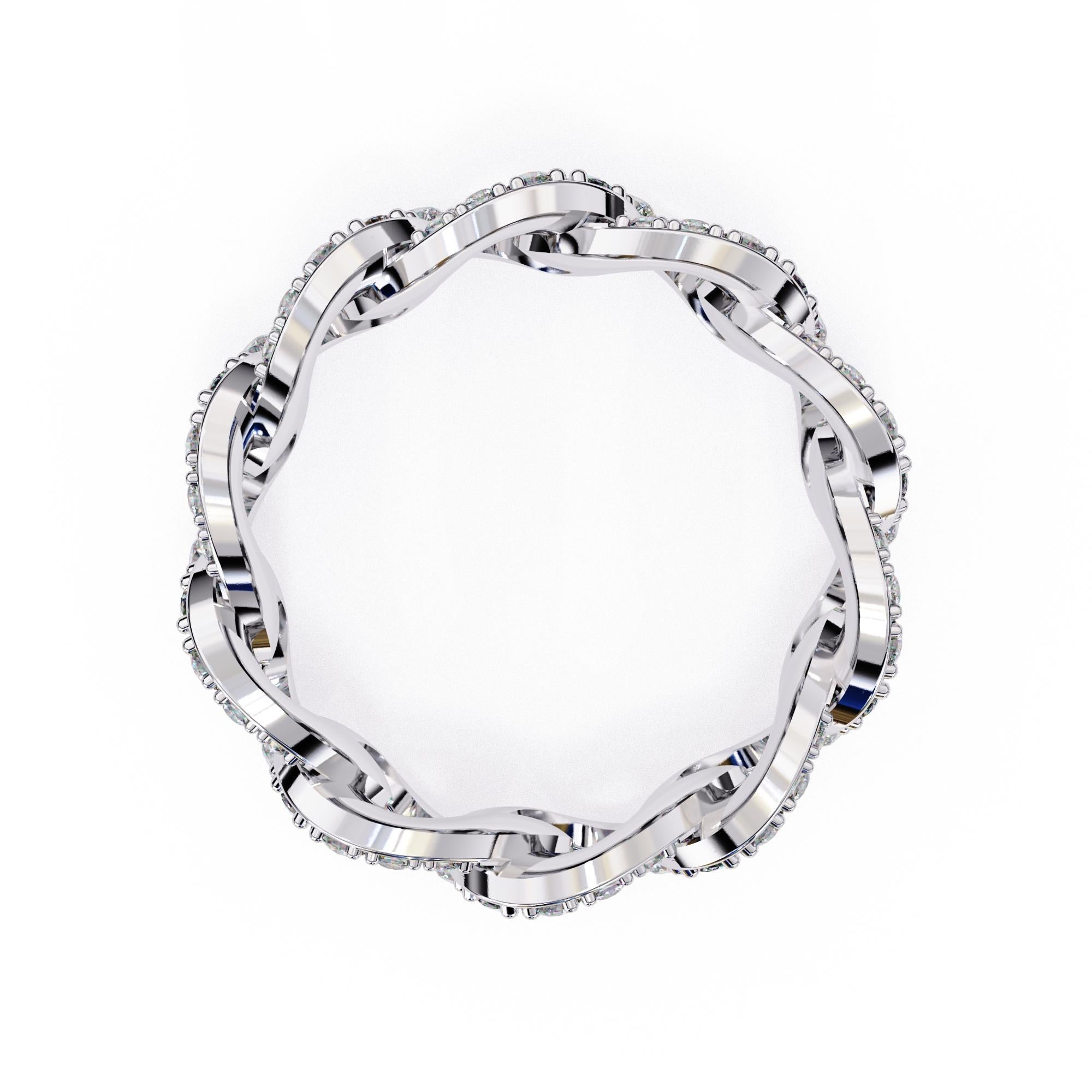 Round Cut 1 2/5 Ctw Cuban Link Chain Diamond Ring Full Eternity Band 14K Solid Gold SI GH For Sale