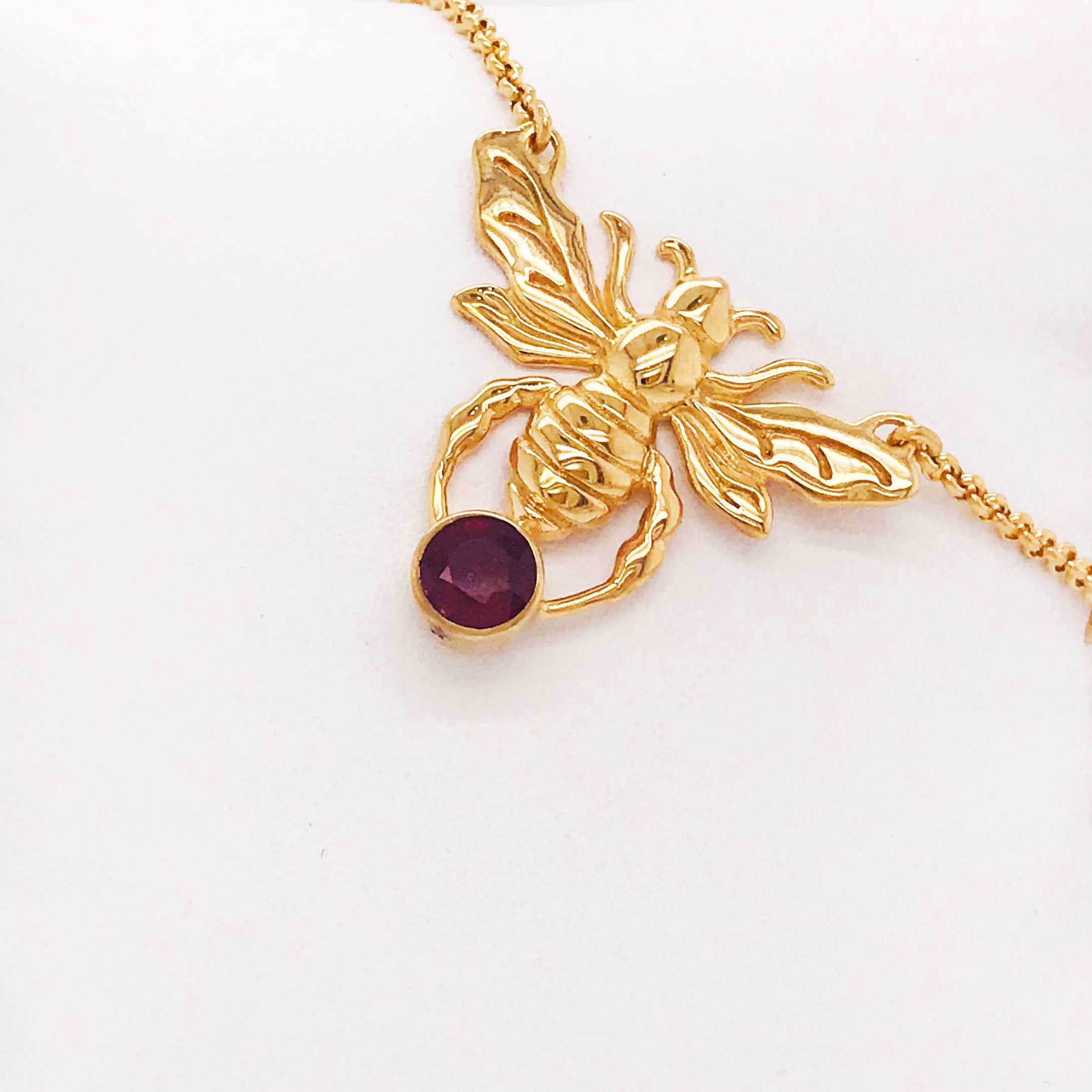 Aesthetic Movement 1/2 Carat '0.50 ct' Ruby Gemstone Large Gold Bee Pendant Necklace, Bee Necklace