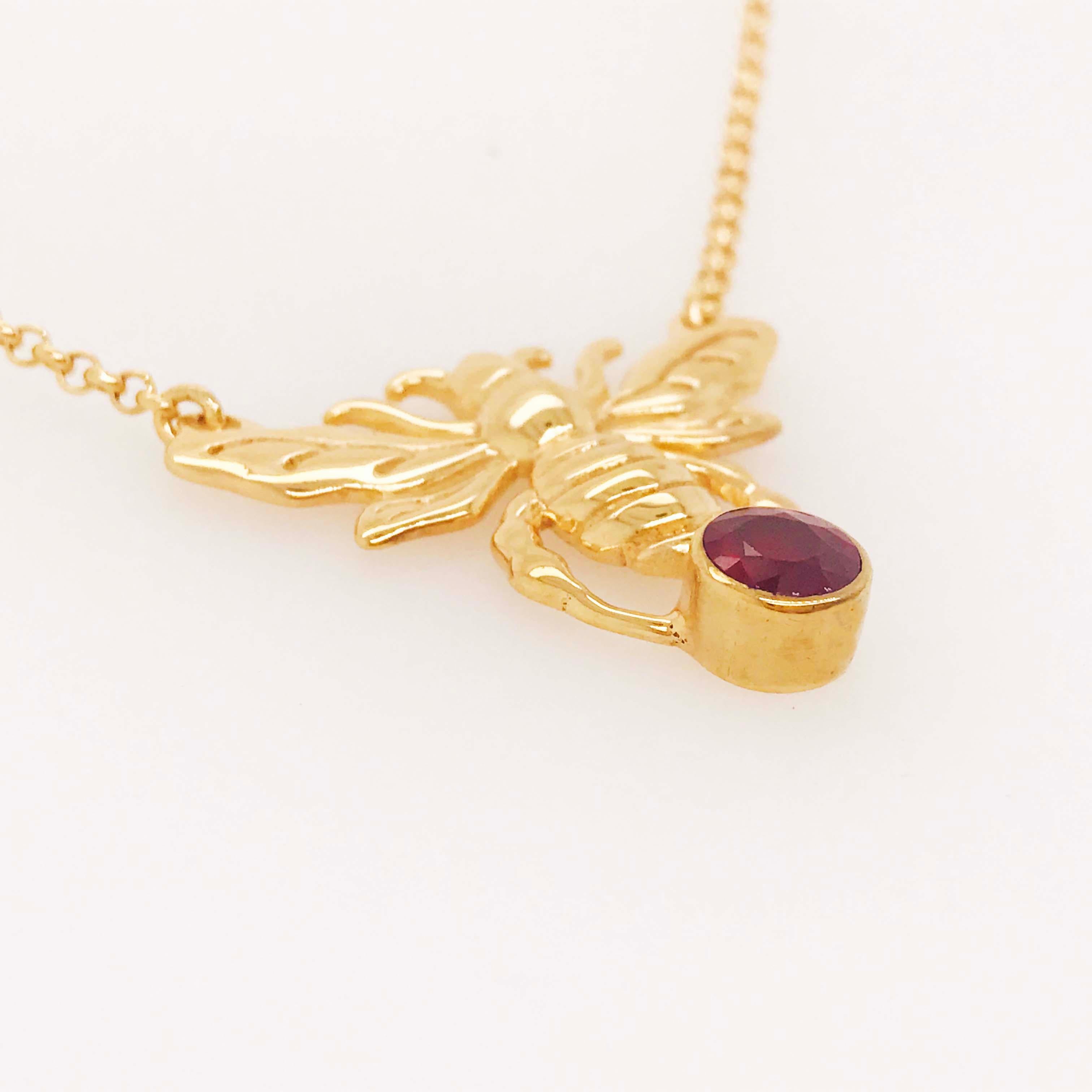 Round Cut 1/2 Carat '0.50 ct' Ruby Gemstone Large Gold Bee Pendant Necklace, Bee Necklace