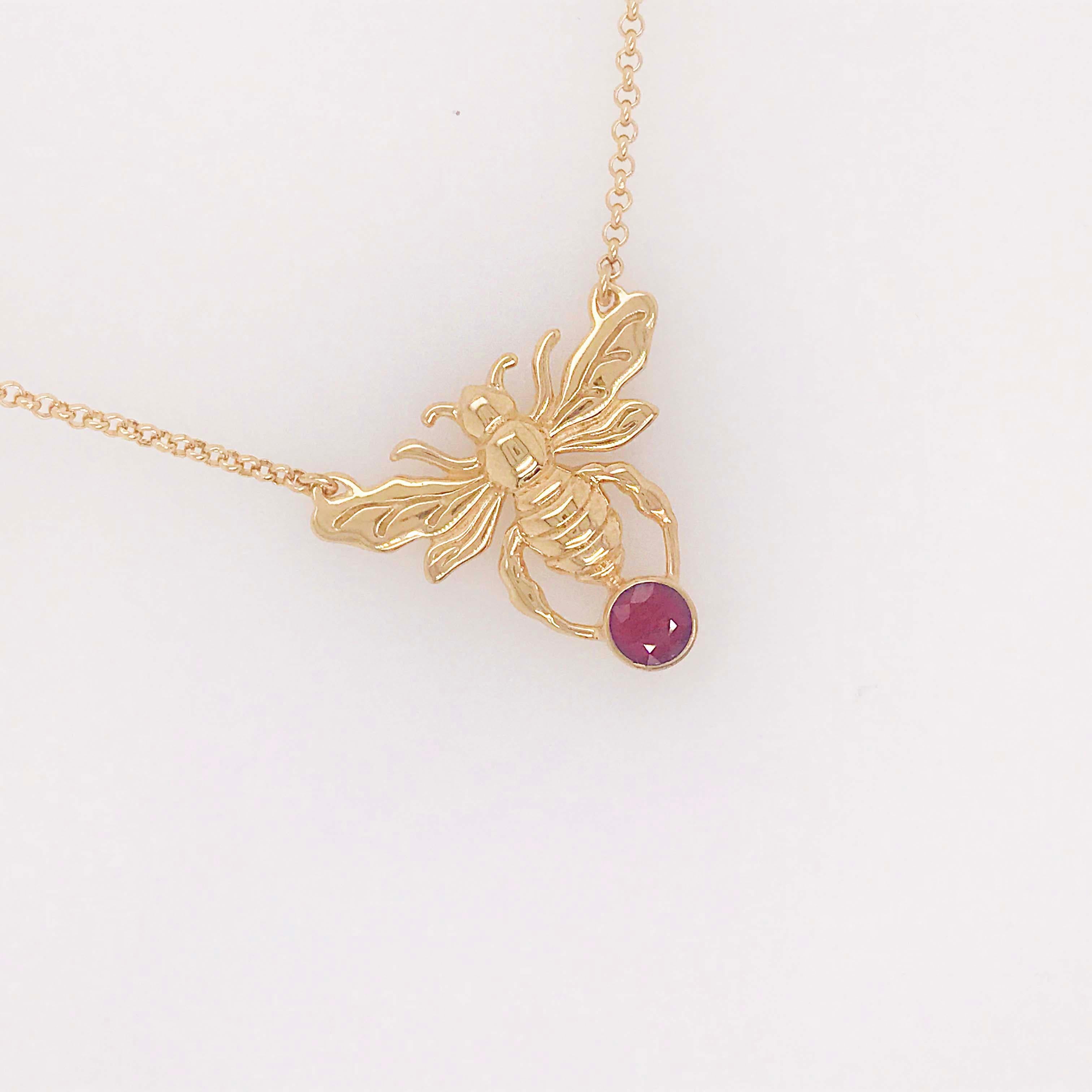 1/2 Carat '0.50 ct' Ruby Gemstone Large Gold Bee Pendant Necklace, Bee Necklace 1