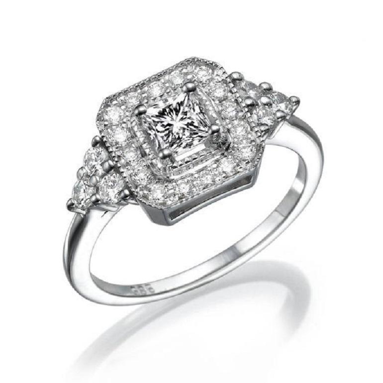 Princess Cut 1/2 Carat 18 Karat White Gold Art Deco Style Princess Diamond Engagement Ring
