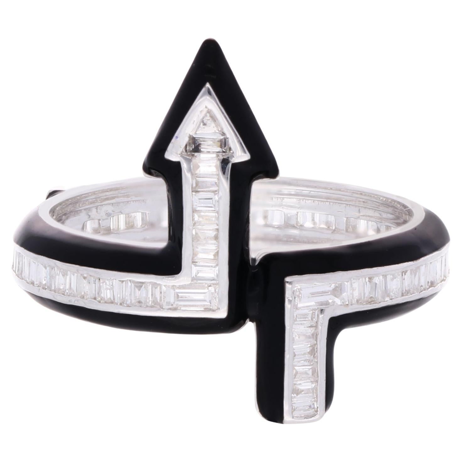 1/2 Carat Baguette Diamond Arrow Ring 14k White Gold Fine Black Enamel Jewelry For Sale
