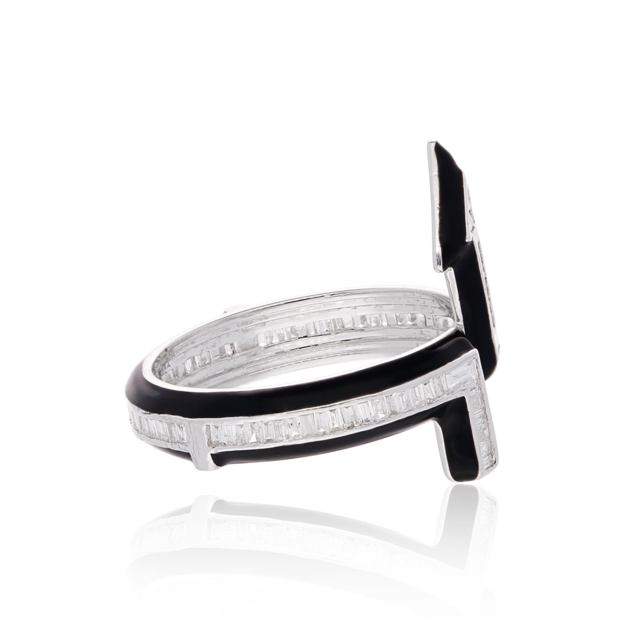 Baguette Cut 1/2 Carat Baguette Diamond Arrow Ring 18k White Gold Fine Black Enamel Jewelry For Sale