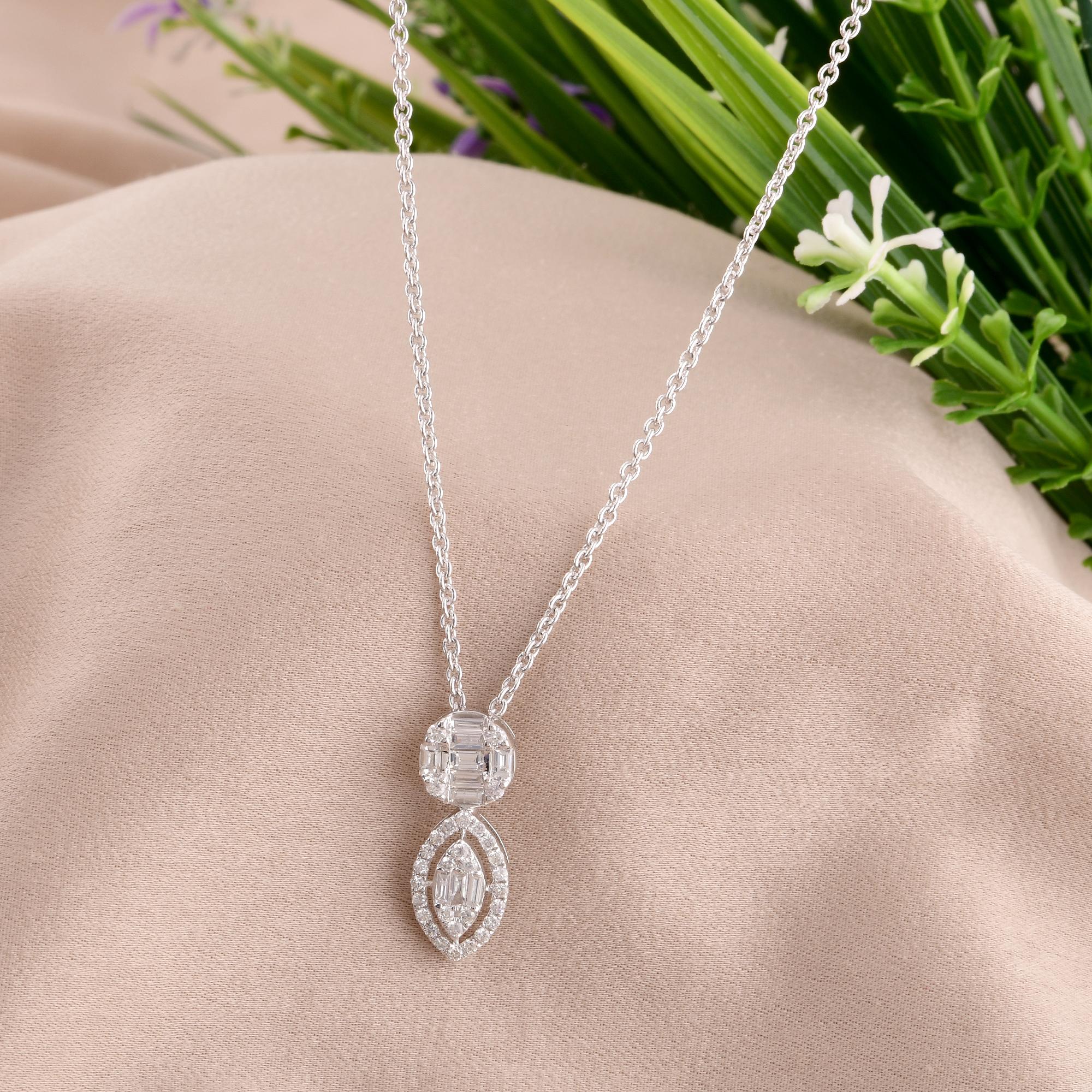 Modern 1/2 Carat Baguette Diamond Pendant Necklace 18 Karat White Gold Handmade Jewelry For Sale