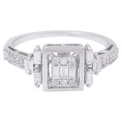 1/2 Carat Baguette Round Diamond Ring 14 Karat White Gold Handmade Fine Jewelry