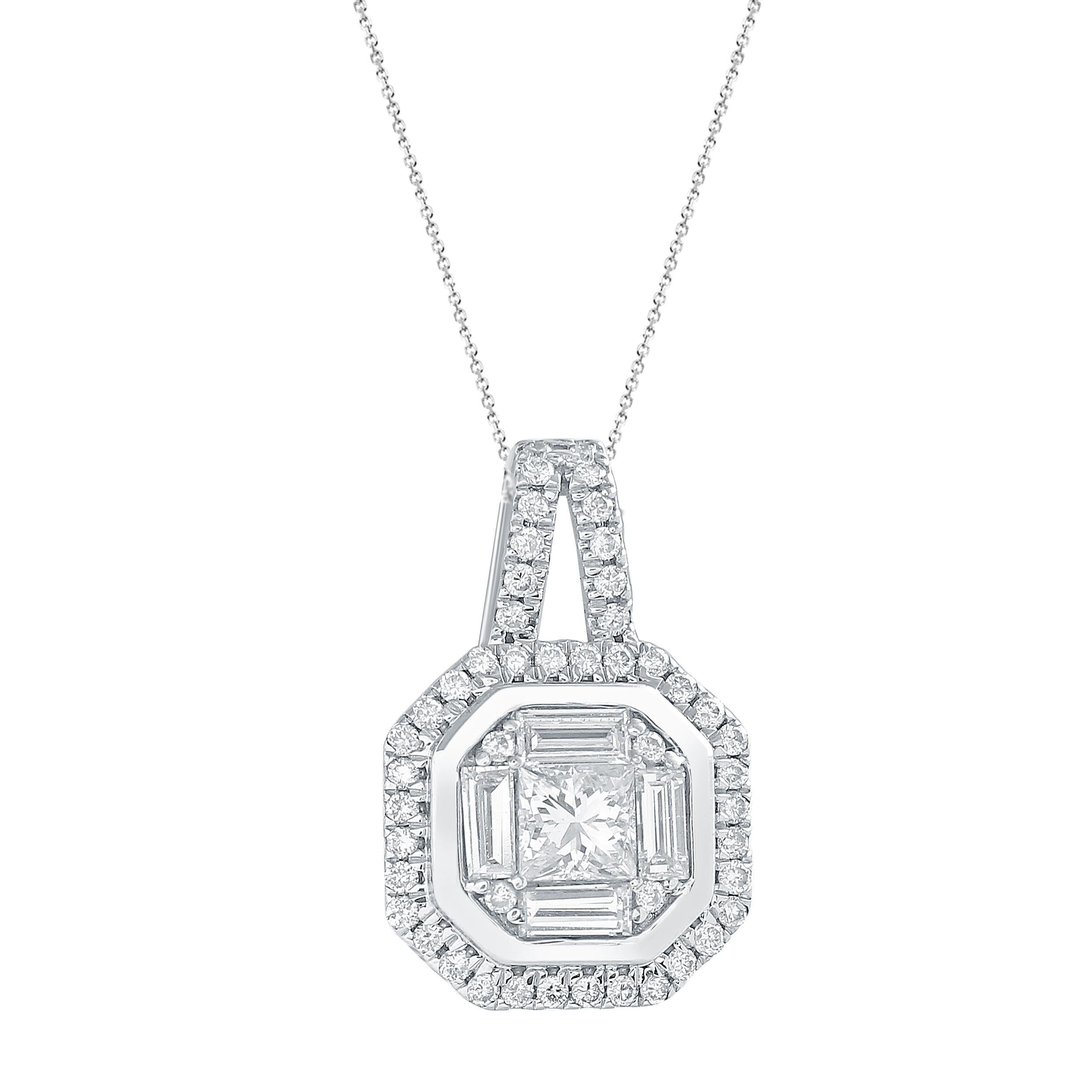 Round Cut 1/2 Carat Certified Round & Bagg & Princess Diamond Pendant with Halo 18 Kt Gold For Sale