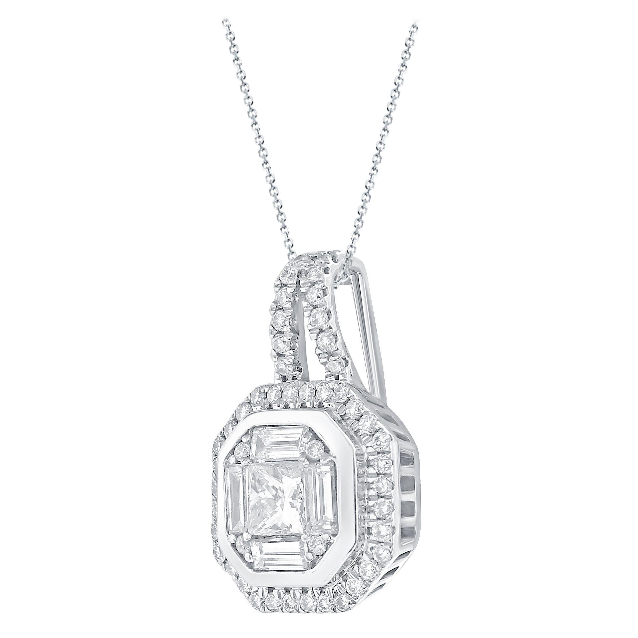 1/2 Carat Certified Round & Bagg & Princess Diamond Pendant with Halo 18 Kt Gold For Sale