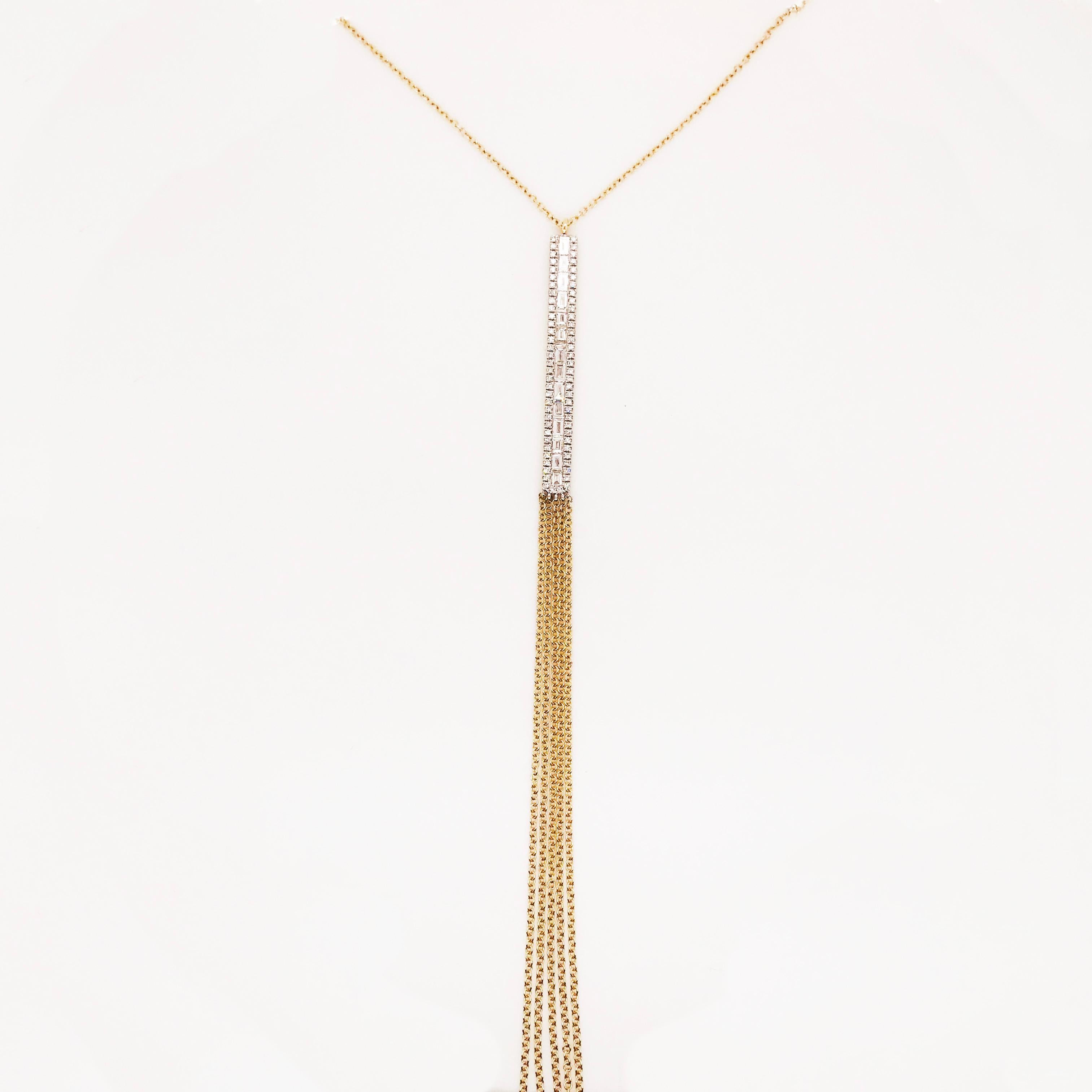 This 14K Yellow Gold Necklace w Chain Tassel is very sexy.  Everything about this necklace is dazzling!  The chain can be worn close to the neck but the tassels makes your eyes move down and draw attention to the bodice of a woman.  The chain is