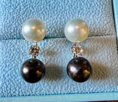 1/2 Carat Diamond Black White Pearl Earrings 14K Gold Wedding Engagement Jewelry