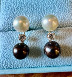 1/2 Carat Diamond Black White Pearl Earrings 14K Gold Wedding Engagement Jewelry