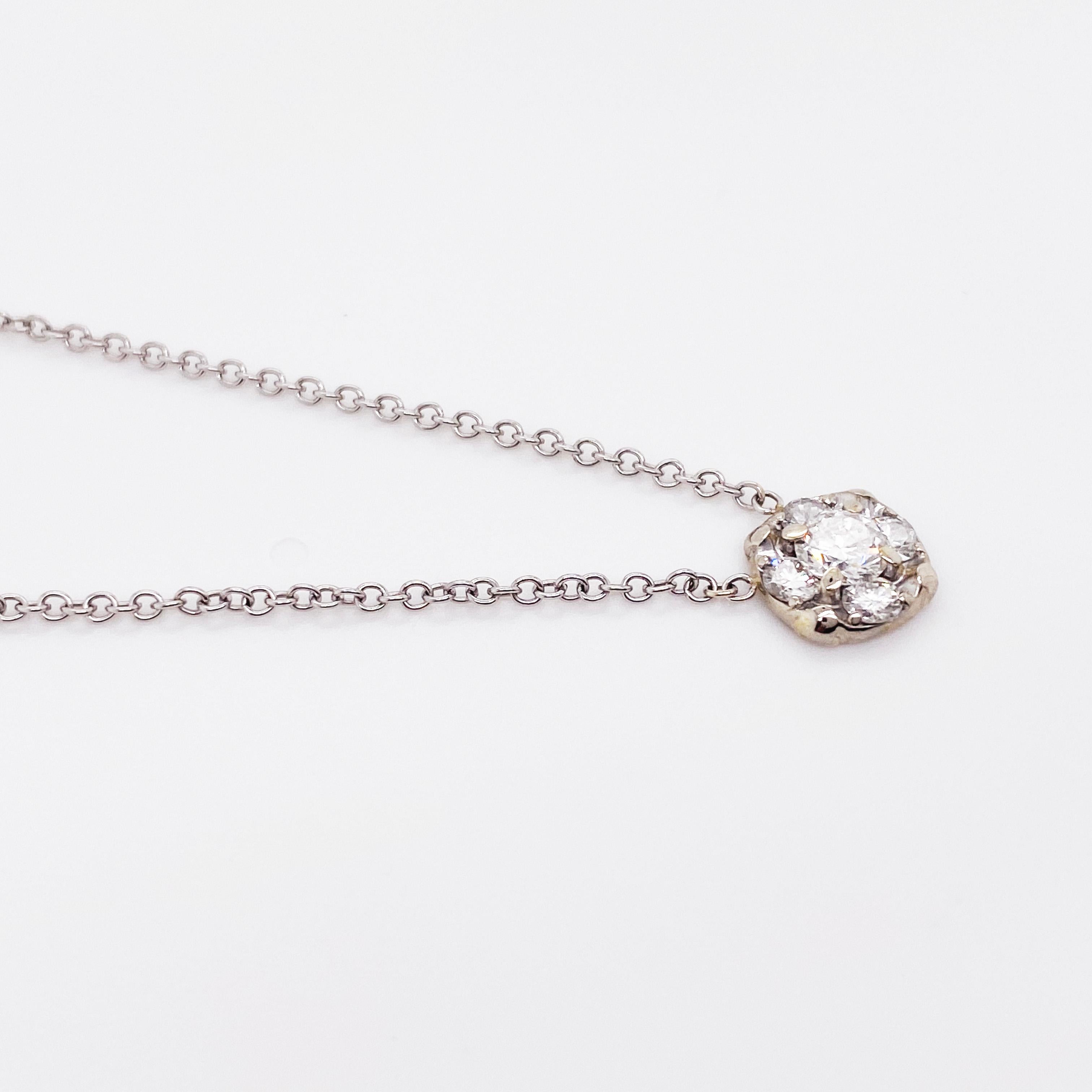 Diamond necklaces are fine jewelry staples. They are timeless and can be worn for every occasion! This diamond pendant has five round brilliant diamonds set in a clover-like shape with the largest diamond in the center. The diamonds are set in