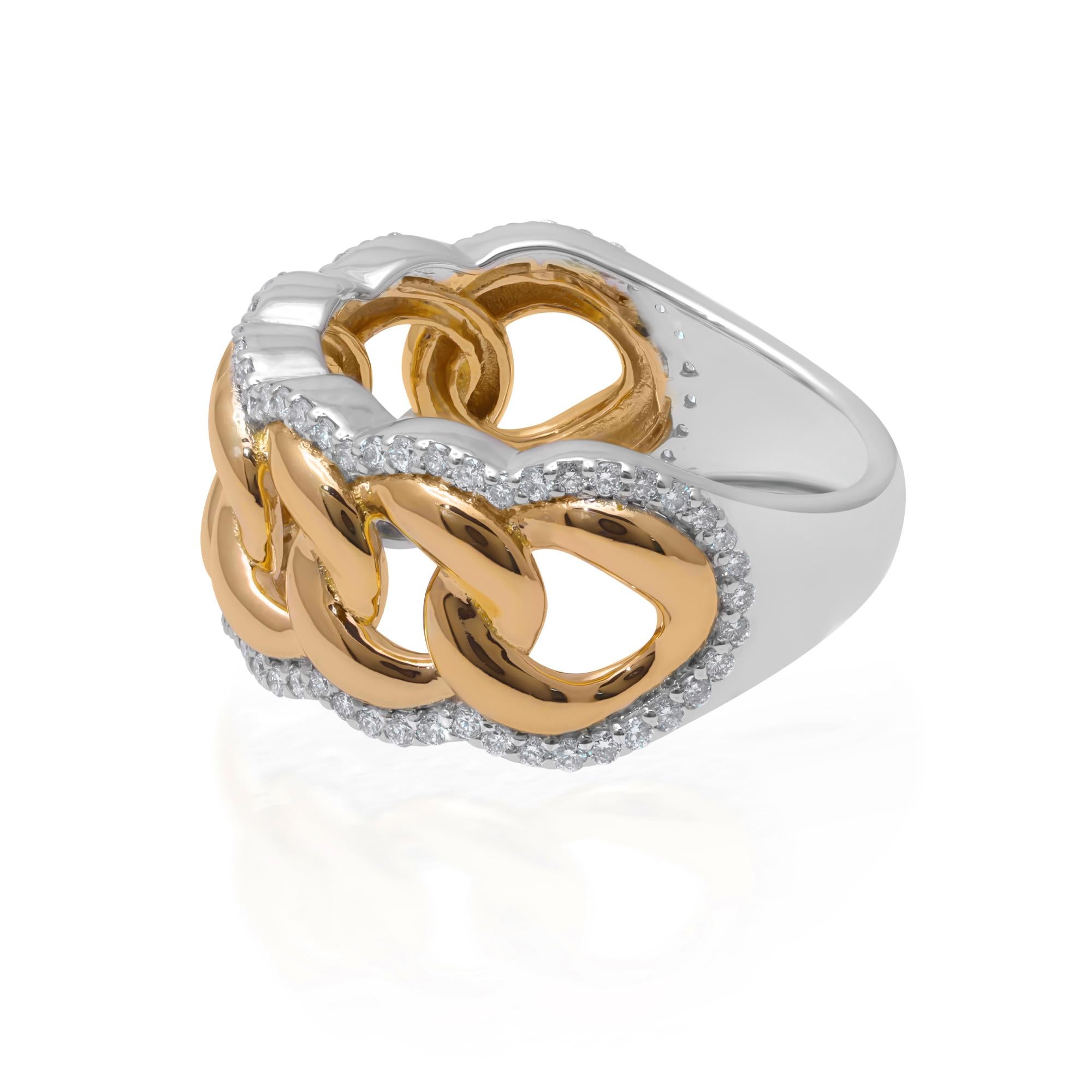 Das kubanische Gliederkettenmotiv, ein Symbol für Stärke und Einheit, ziert das Ringband und verleiht dem zeitlos eleganten Ring einen Hauch von urbanem Chic. Mit Präzision und Liebe zum Detail gefertigt, ist jedes Glied sorgfältig geformt und