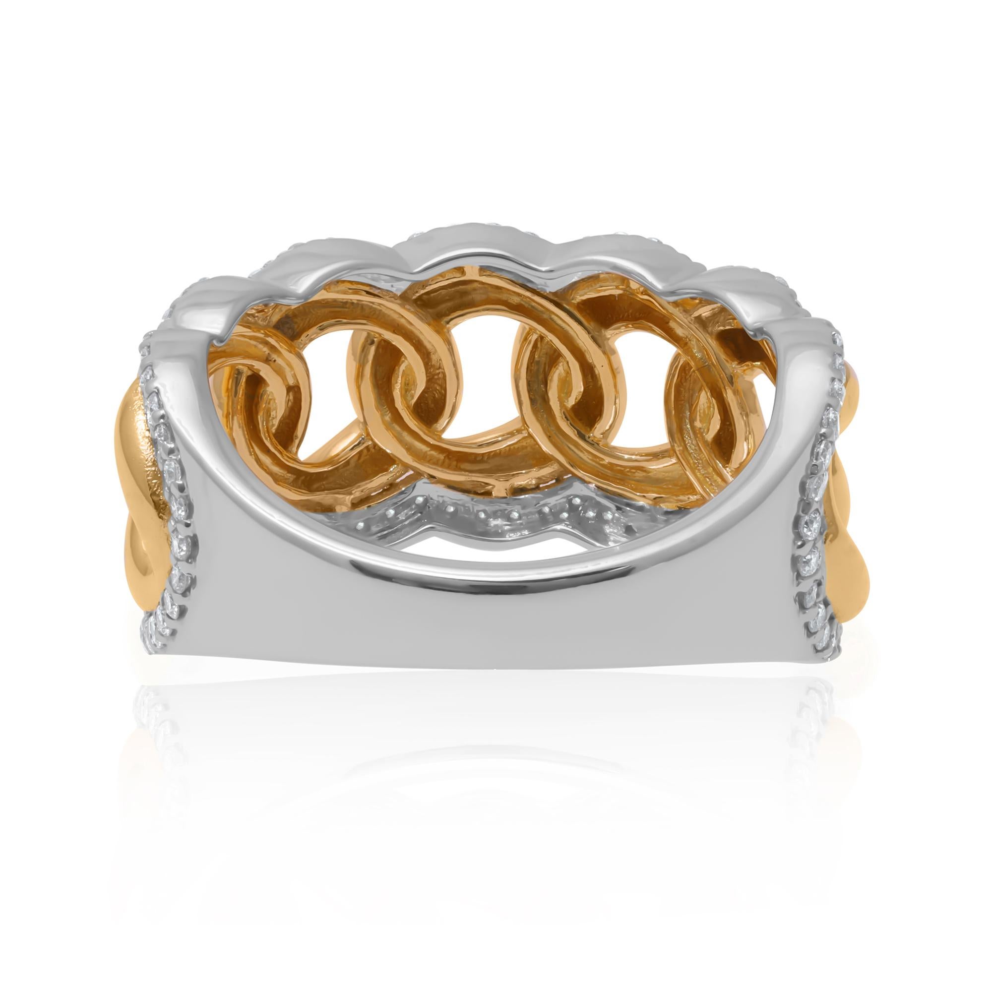 Modern 1/2 Carat Diamond Cuban Link Chain Ring 14 Karat Yellow & White Gold Jewelry For Sale